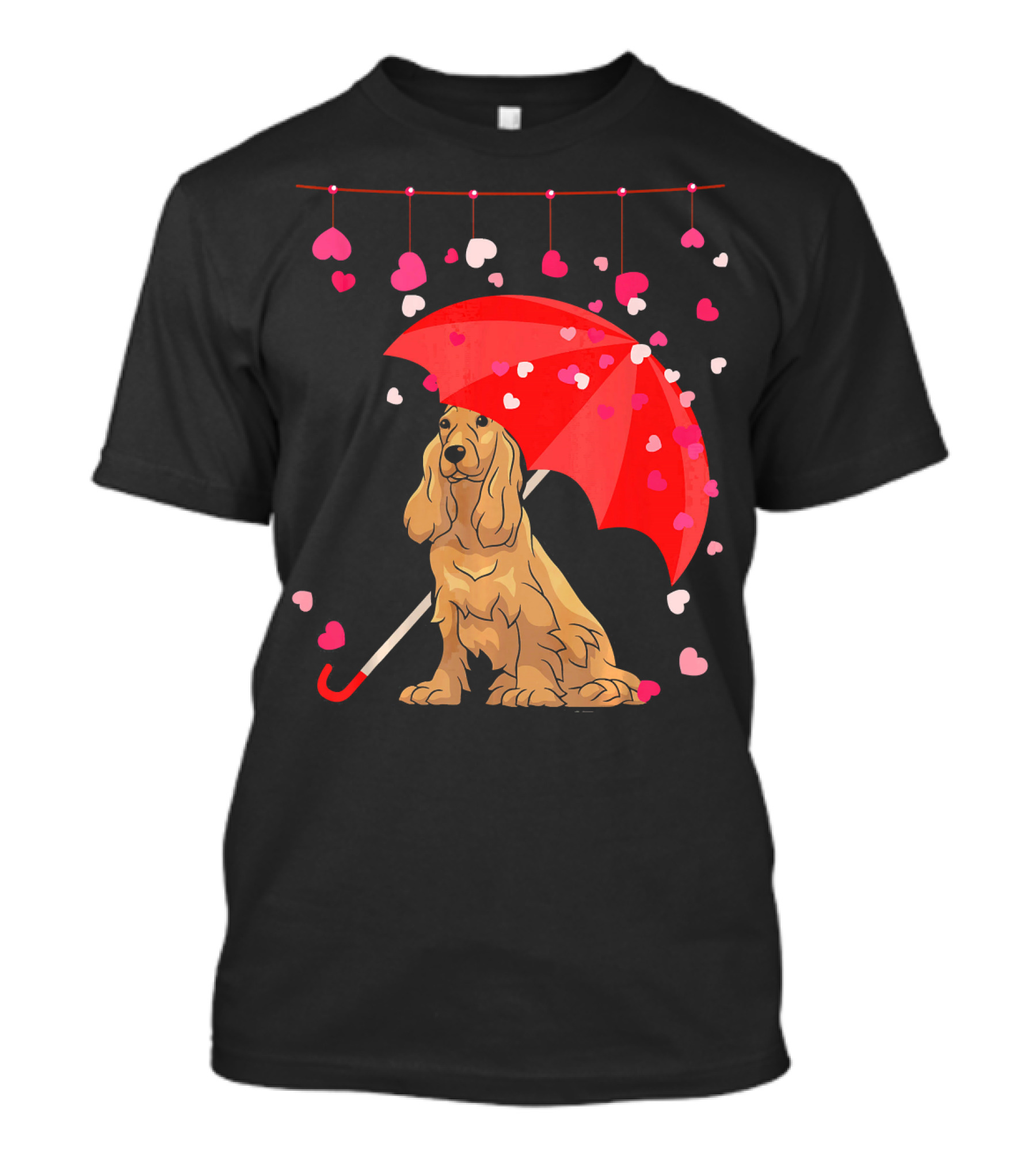 Cocker Spaniel Under Red Umbrella With Falling Hearts Valentines T-Shirt
