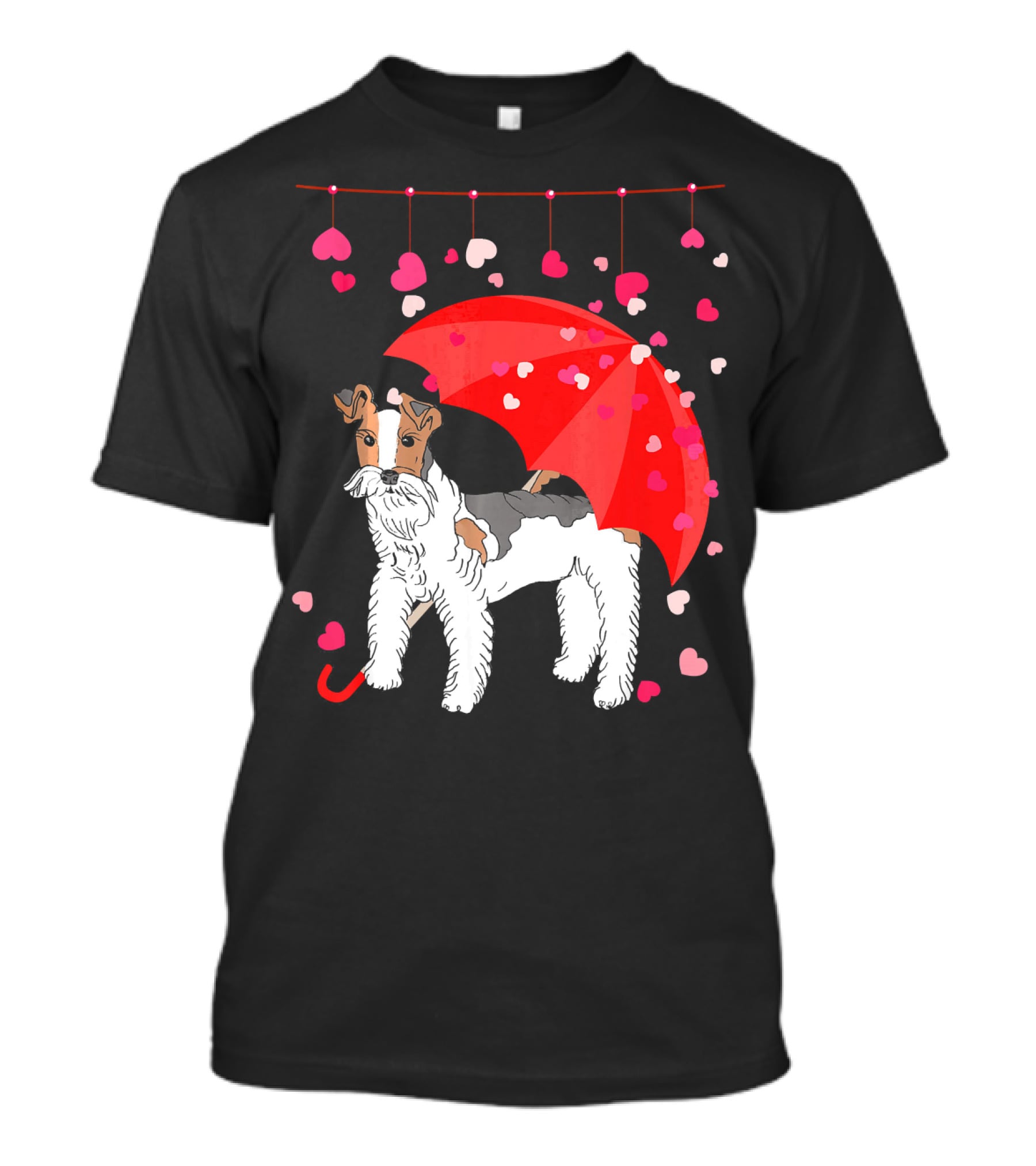 Fox Terrier With Red Umbrella And Falling Hearts Valentines T-Shirt