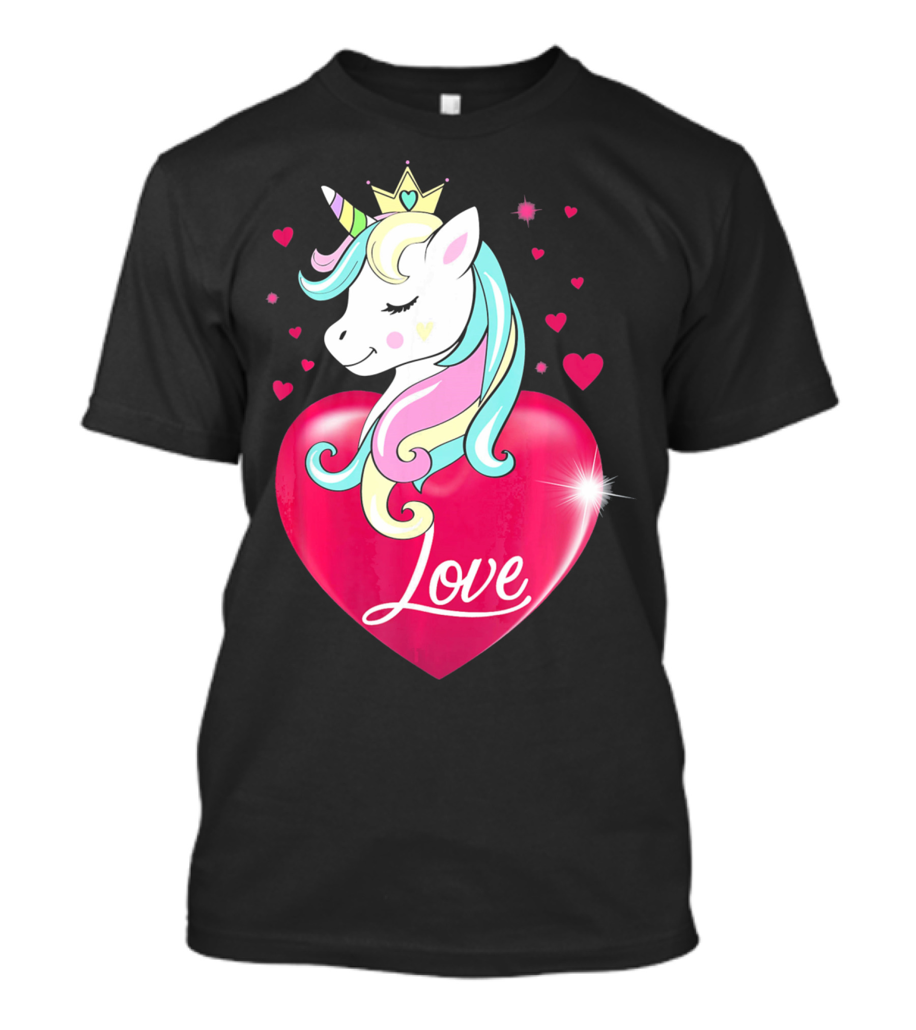 Love Heart Unicorn With Crown And Hearts Valentine's Day T-Shirt