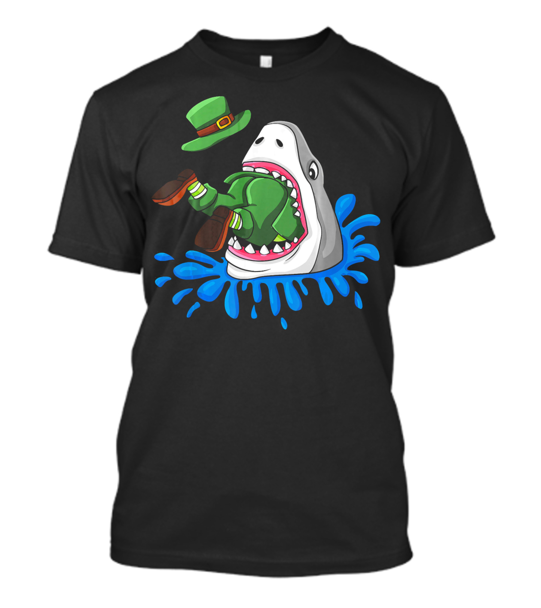 Shark Devours Leprechaun Wearing Green Outfit With Dropped Hat In Water Splash T-Shirt