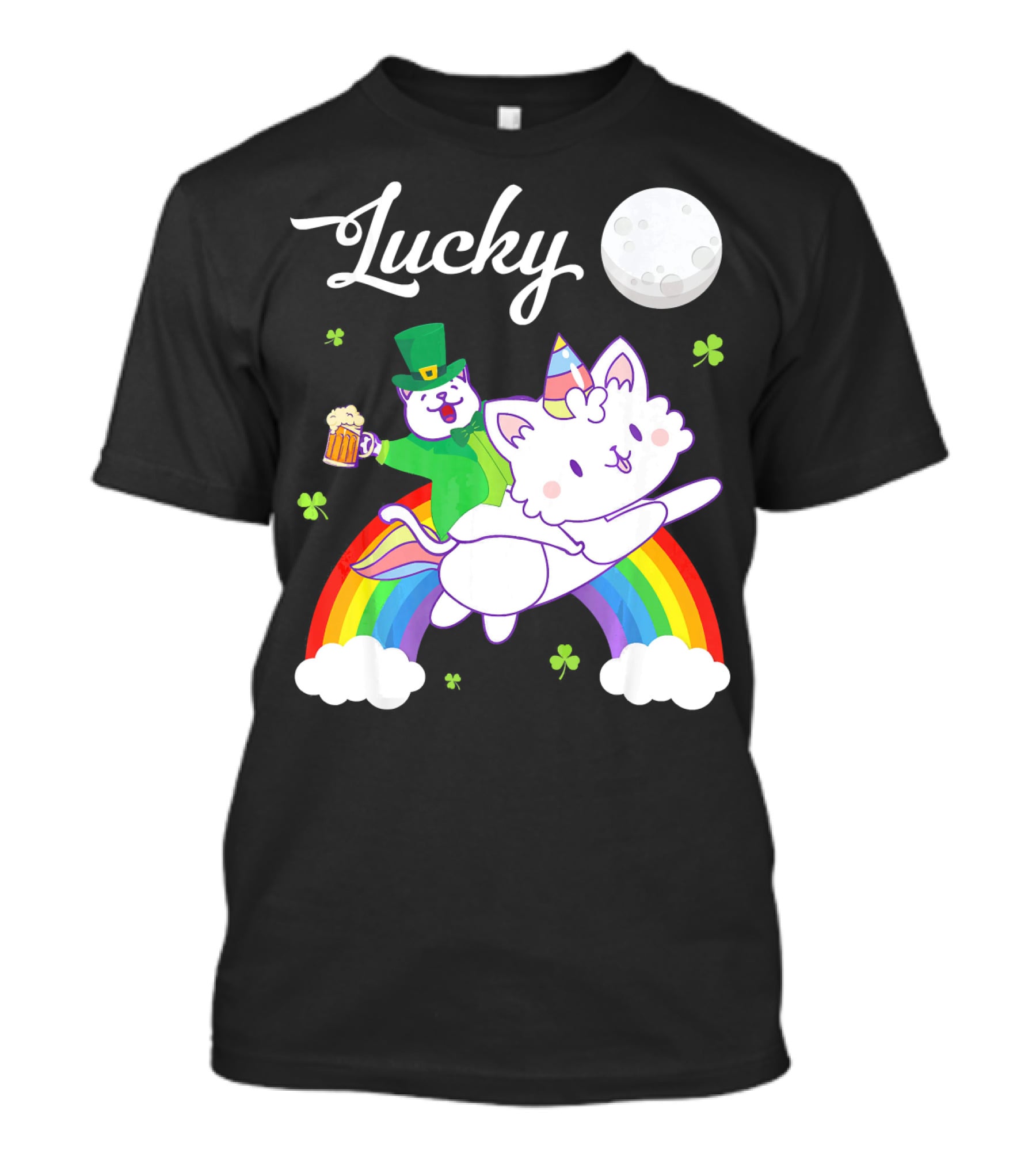 Lucky Leprechaun Cat Riding Unicorn Cat Over Rainbow With Beer And Moon T-Shirt