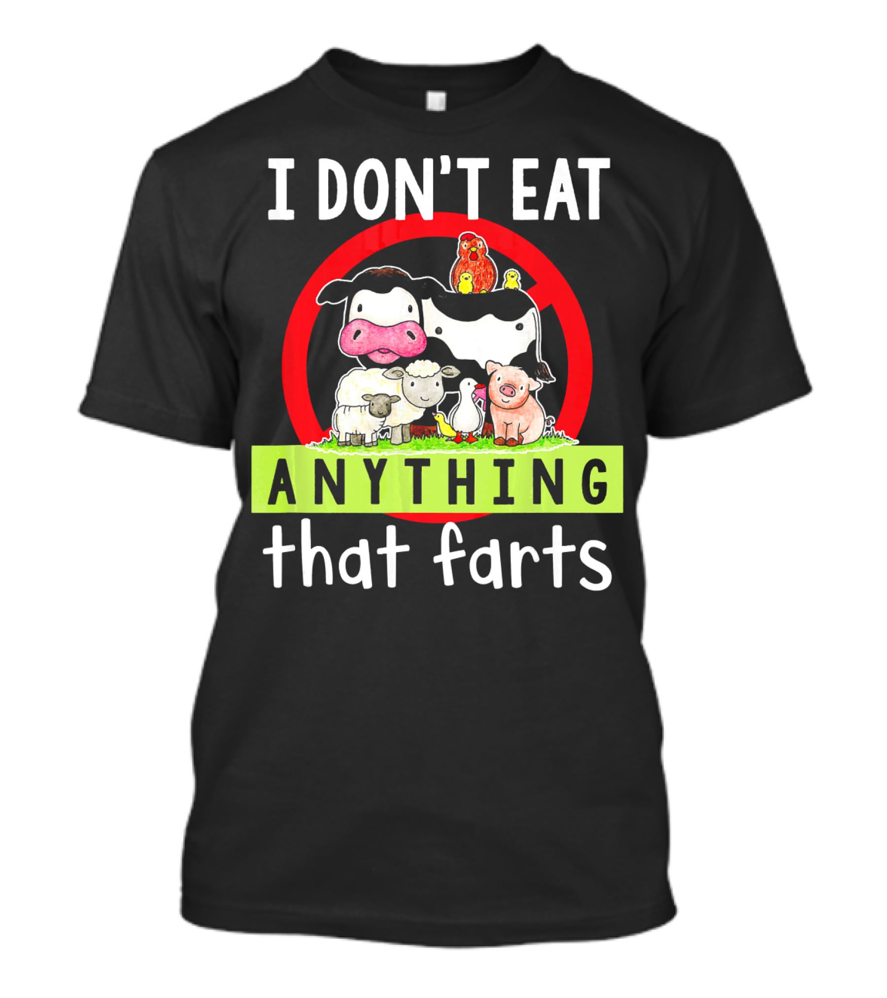 I Don't Eat Anything That Farts Vegetaria Cow Sheep Pig Chicken Cartoon T-Shirt