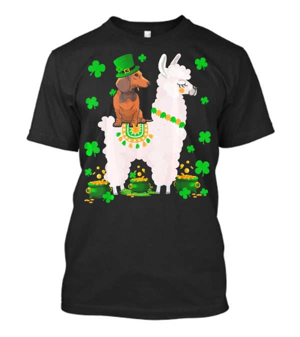 Leprechaun Dachshund Riding Llama Shamrocks Pots Of Gold T-Shirt