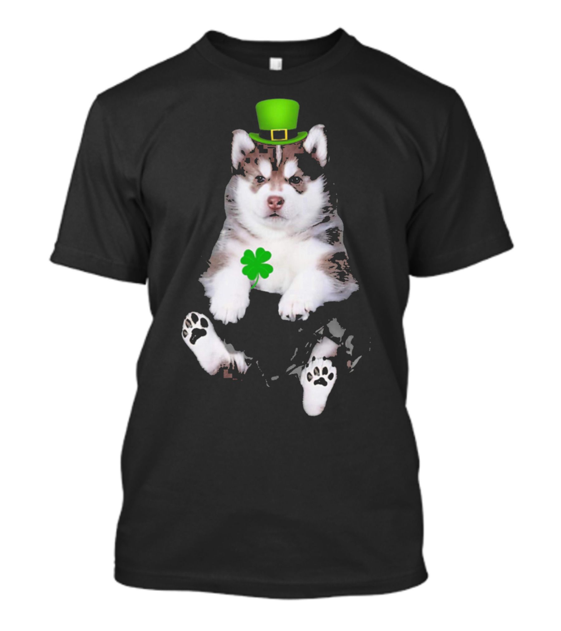 St Patricks Day Husky Puppy Shamrock Hat Paw Prints T-Shirt