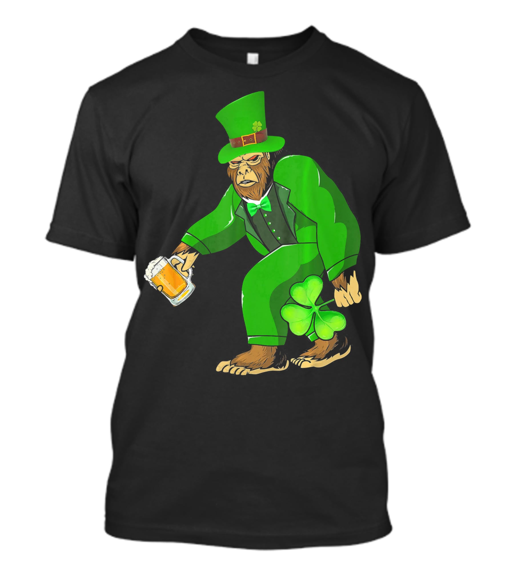 Big Foot Funny Bear Leprechaun Holding Beer And Shamrock In Green Suit T-Shirt