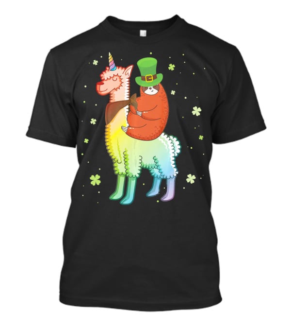 Cute Sloth Leprechaun Riding Rainbow Unicorn Llama With Shamrocks T-Shirt