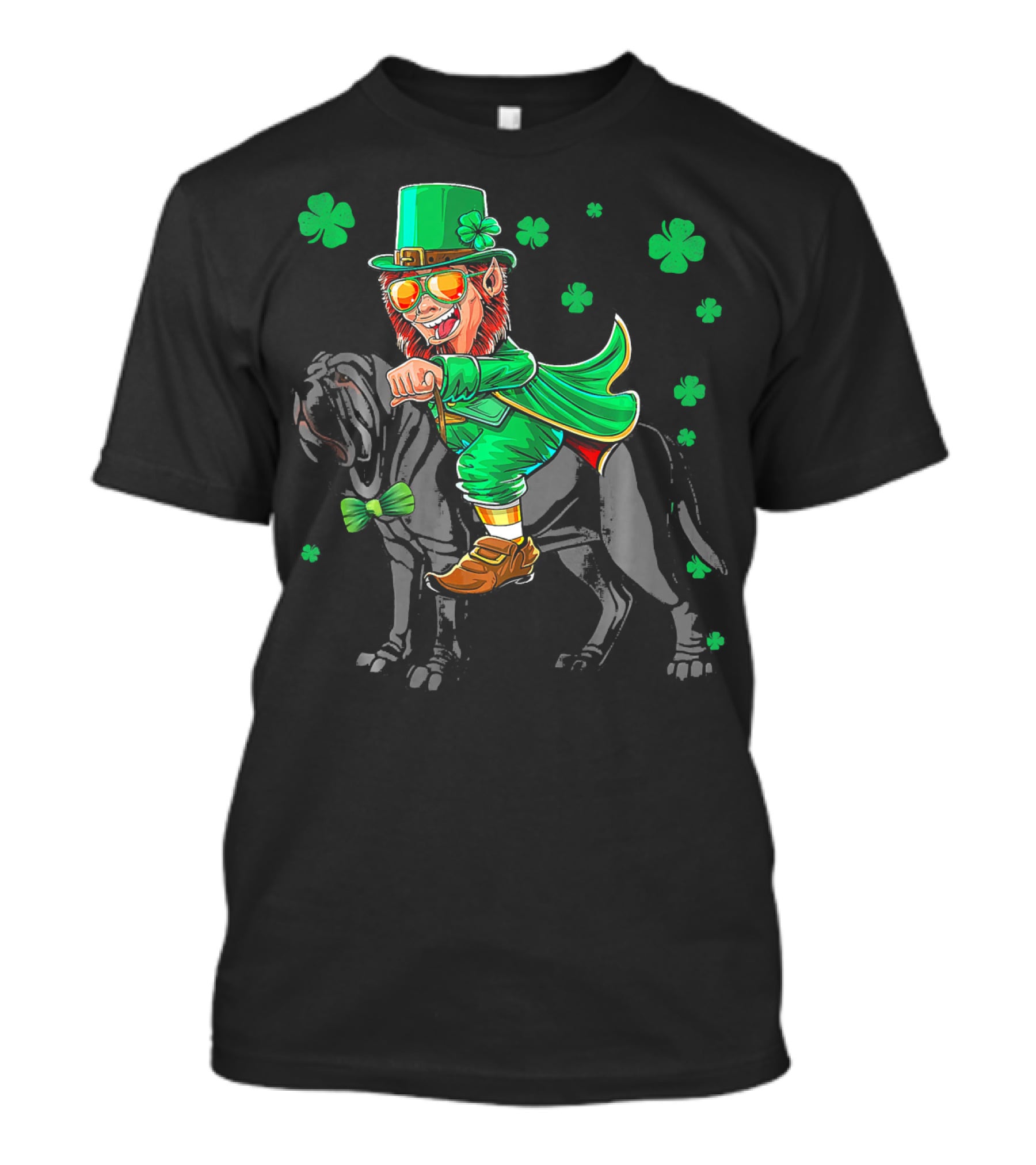 Leprechaun Riding Neapolitan Mastiff With Shamrock Accents T-Shirt