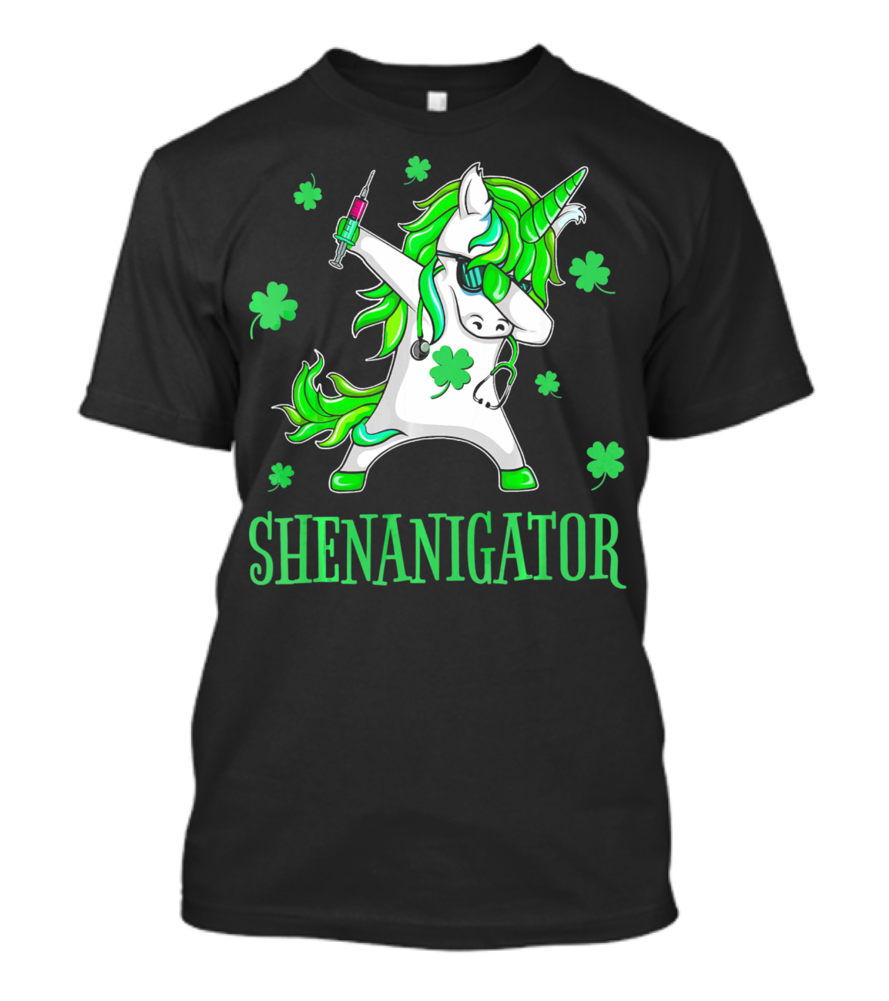 Unicorn Dabbing Shenanigator With Shamrocks And Syringe T-Shirt