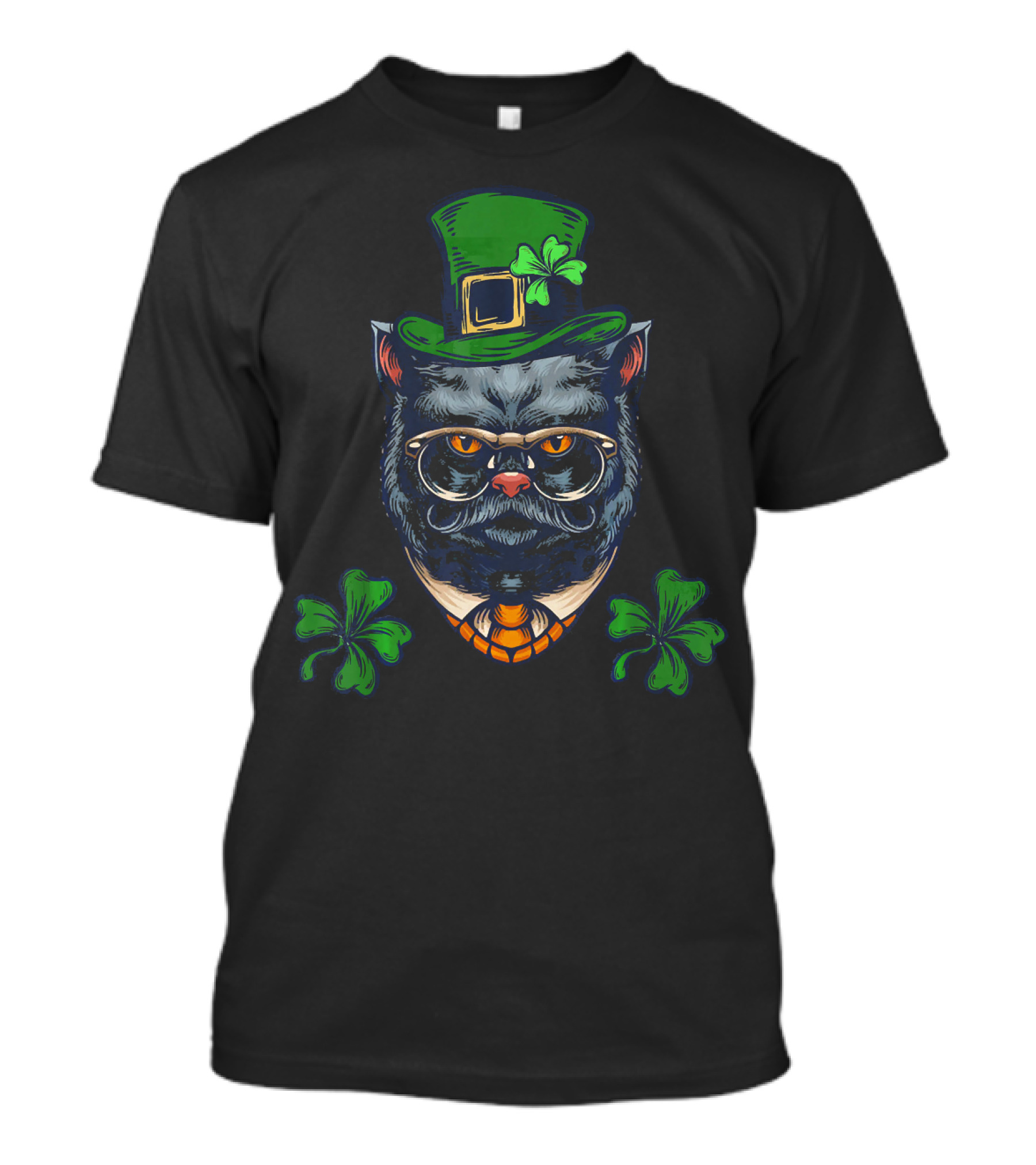 Funny Cat Mustache Leprechaun With Shamrocks And Glasses T-Shirt