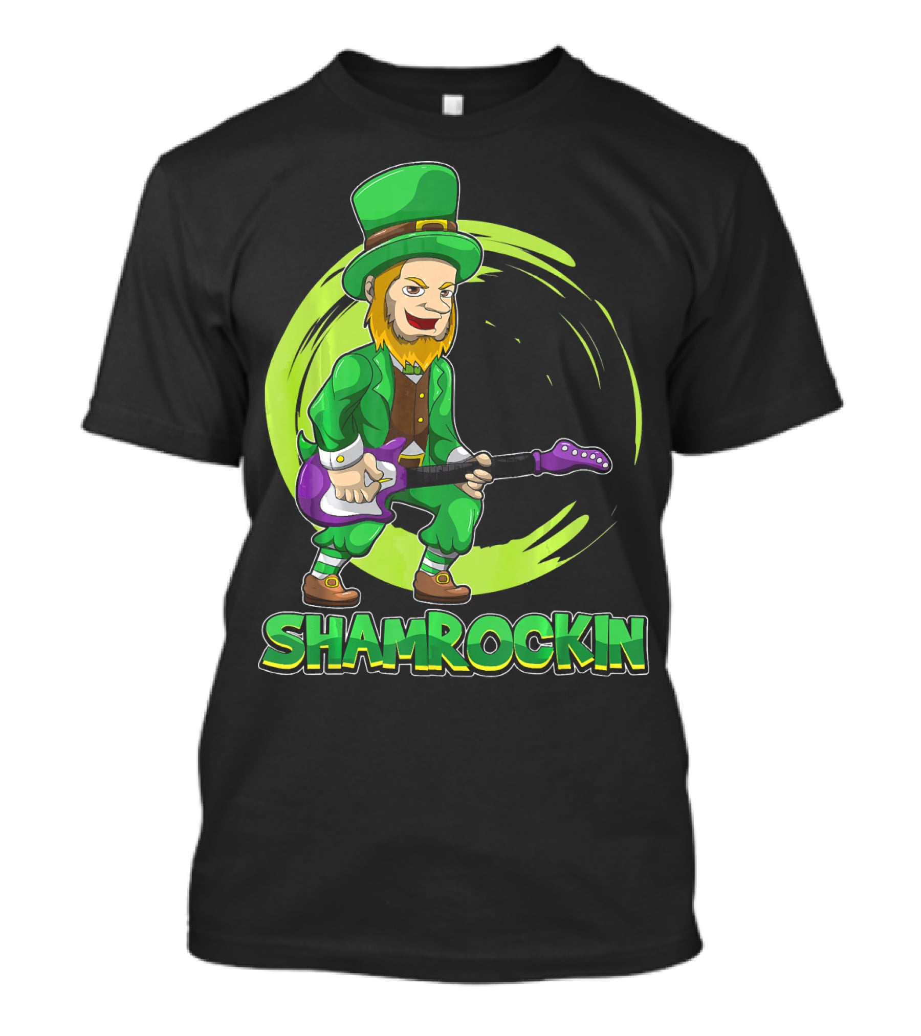 Shamrockin Leprechaun With E Guitar Rocking Celtic Style Green Circle Background T-Shirt