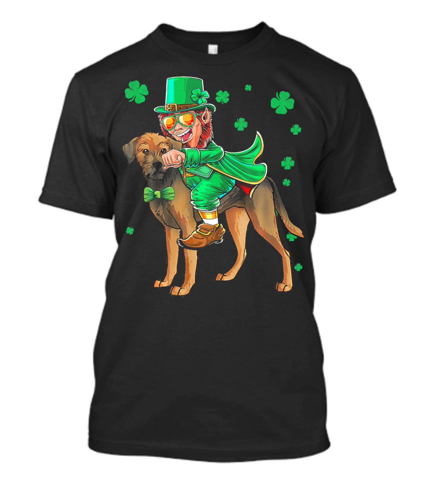 Leprechaun Riding Border Terrier With Shamrocks T-Shirt