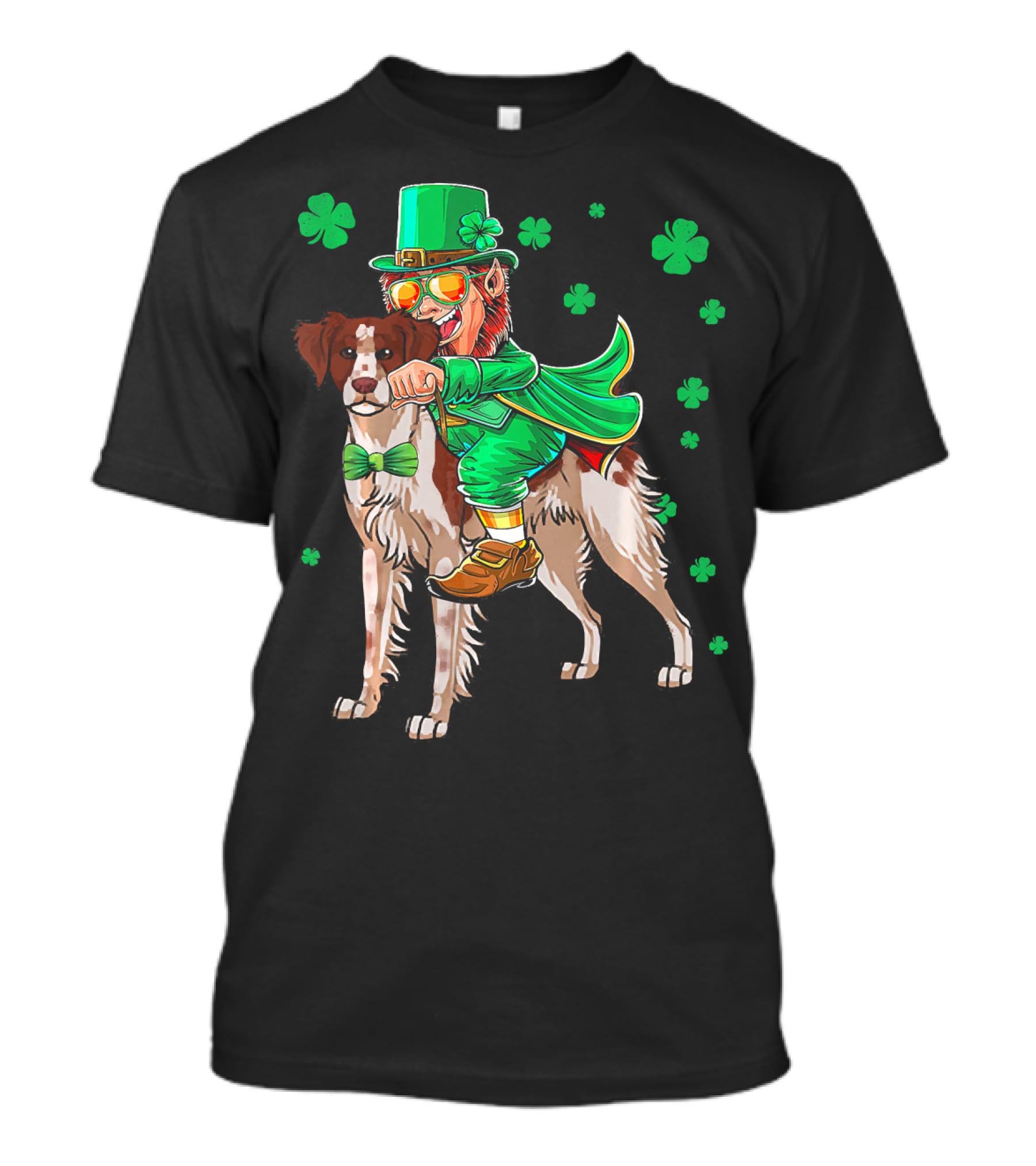 Leprechaun Rides Brittany Spaniel With Shamrock Accents T-Shirt