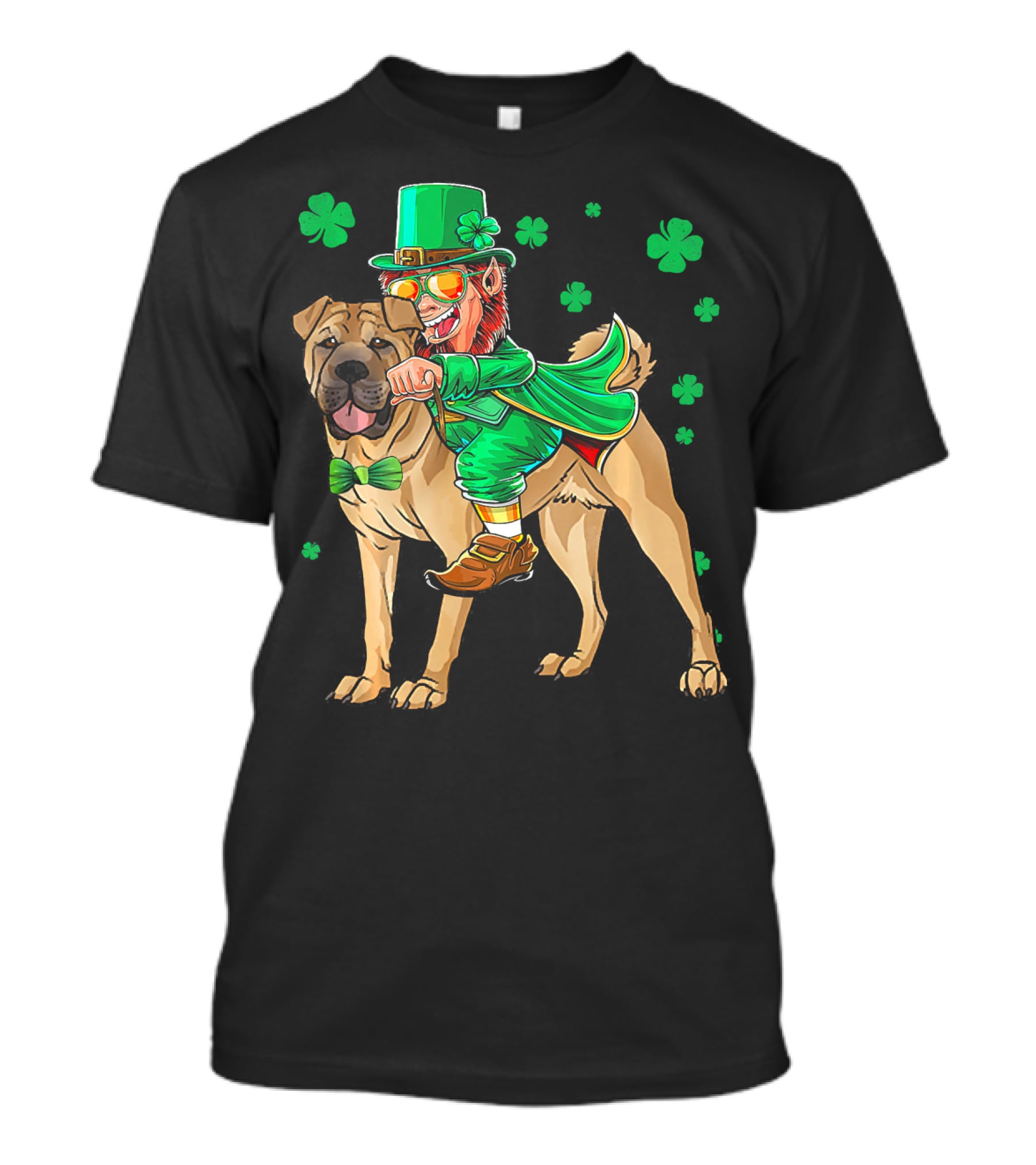Leprechaun Riding Chinese Shar Pei With Shamrock Bowtie And Hat T-Shirt