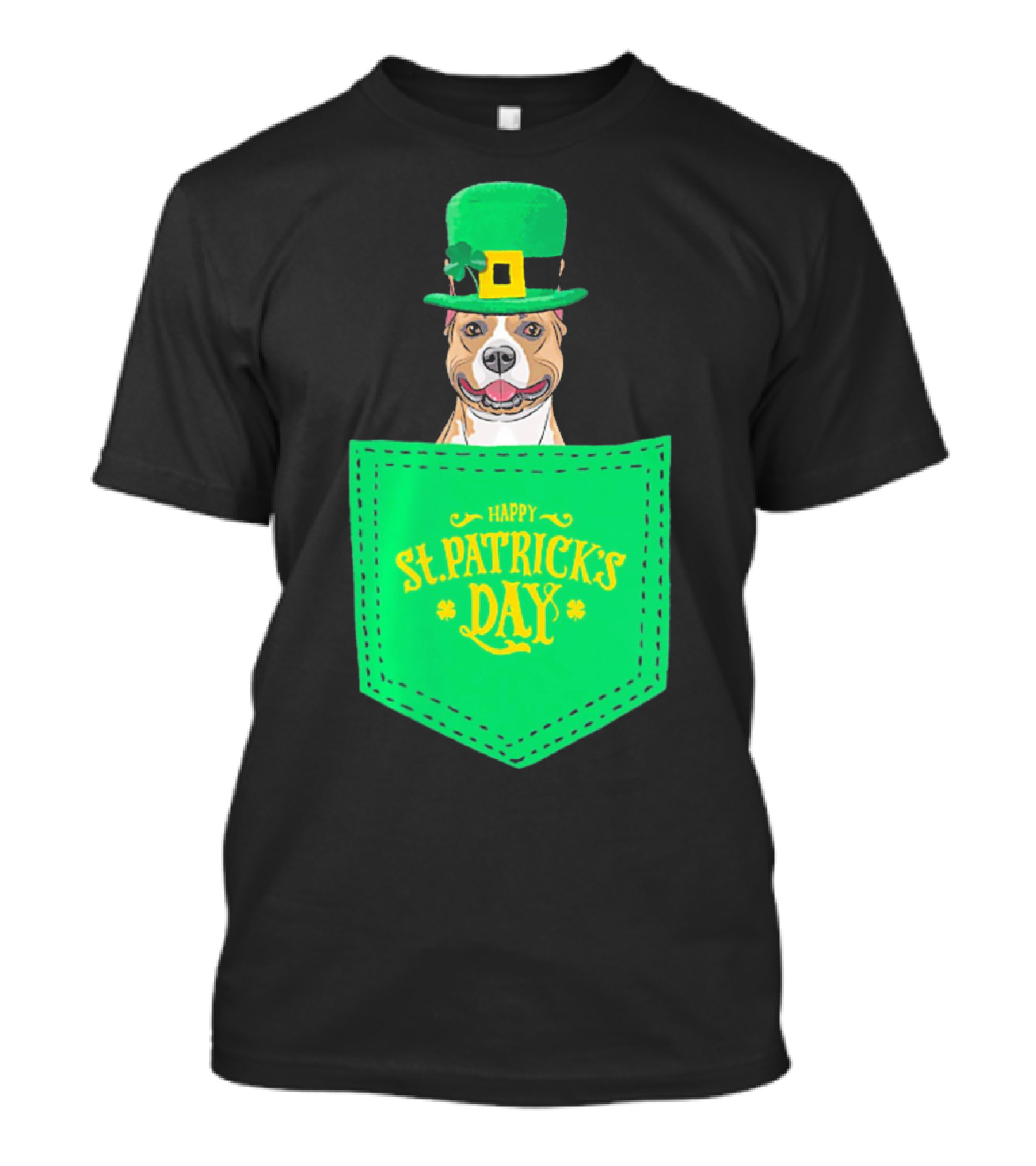 Happy St. Patrick's Day Pitbull Dog In Pocket T-Shirt