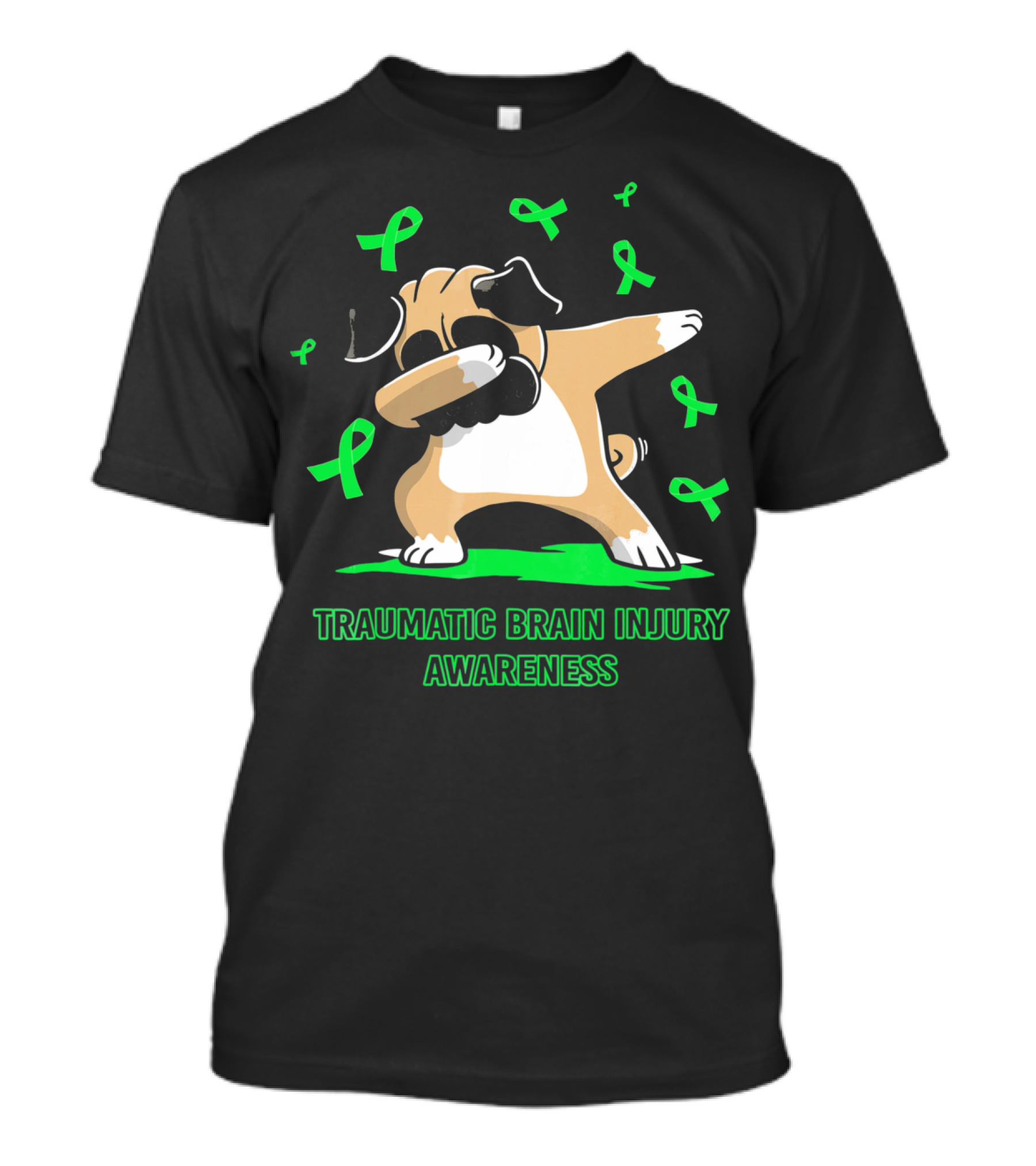 Traumatic Brain Injury Awareness Dabbing Pug Dog With Green Ribbons T-Shirt