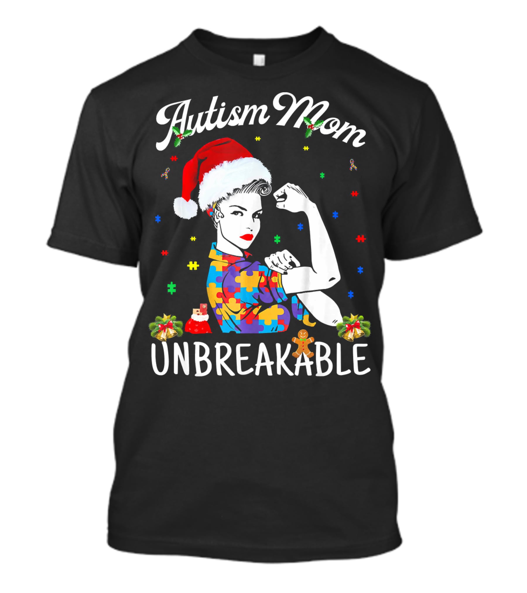 Autism Mom Unbreakable Santa Christmas Pride Puzzle Pieces T-Shirt
