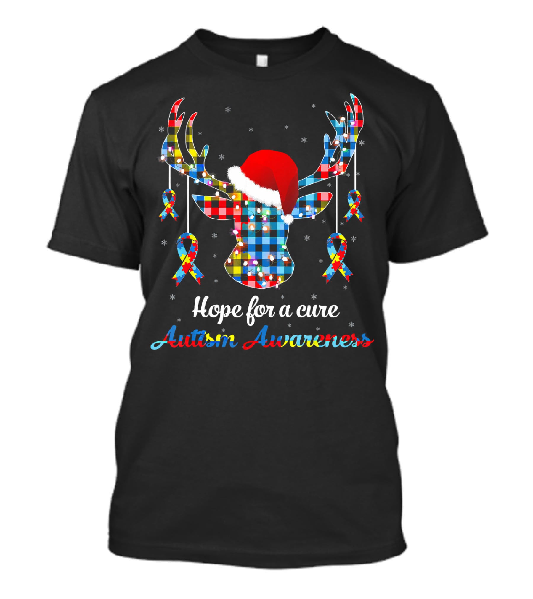 Hope For A Cure Autism Awareness Reindeer Plaid Santa Hat Ribbons T-Shirt
