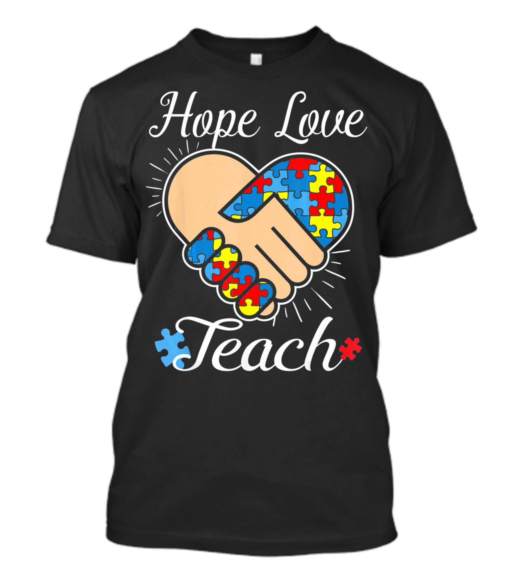 Hope Love Teach Autism Teacher Puzzle Heart Handshake T-Shirt