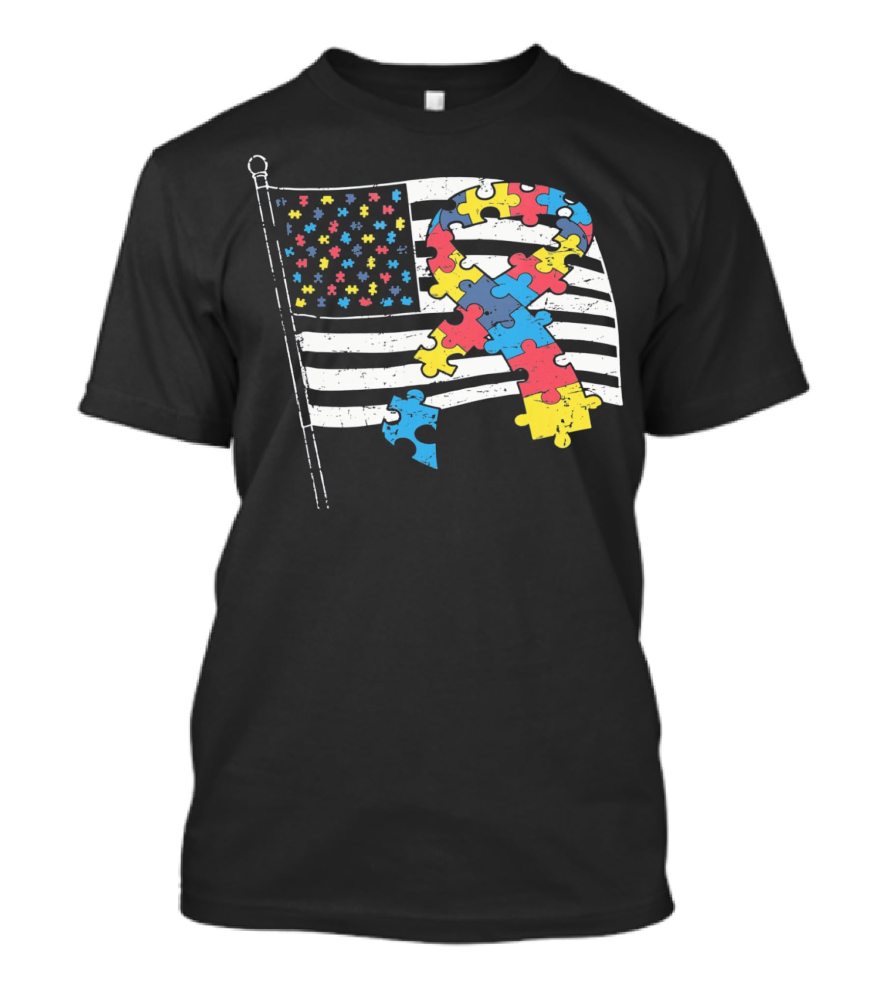 American Distressed Flag Puzzle Ribbon Autism Awareness T-Shirt