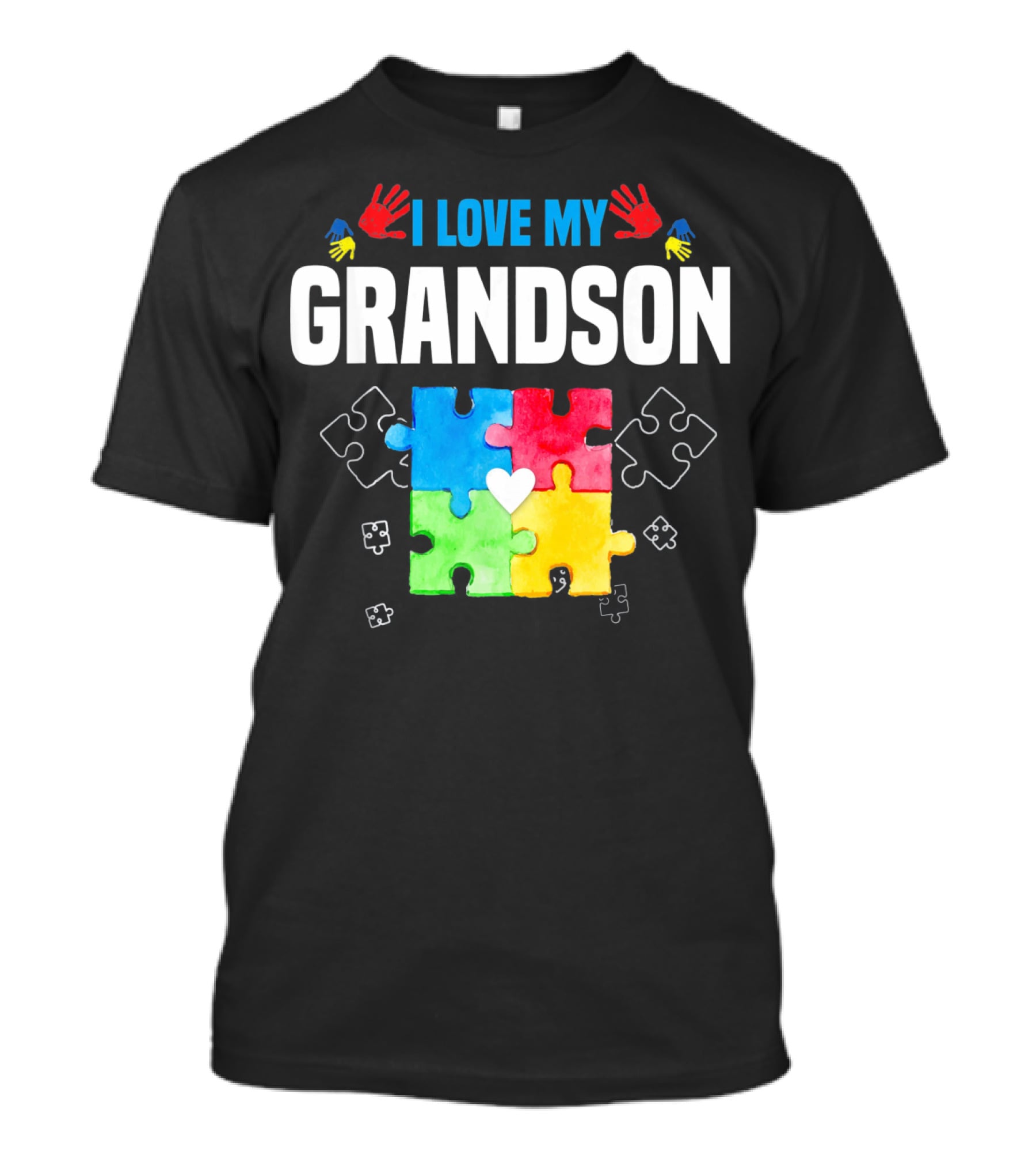I Love My Grandson Autism Awareness Puzzle Pieces And Colorful Handprints T-Shirt