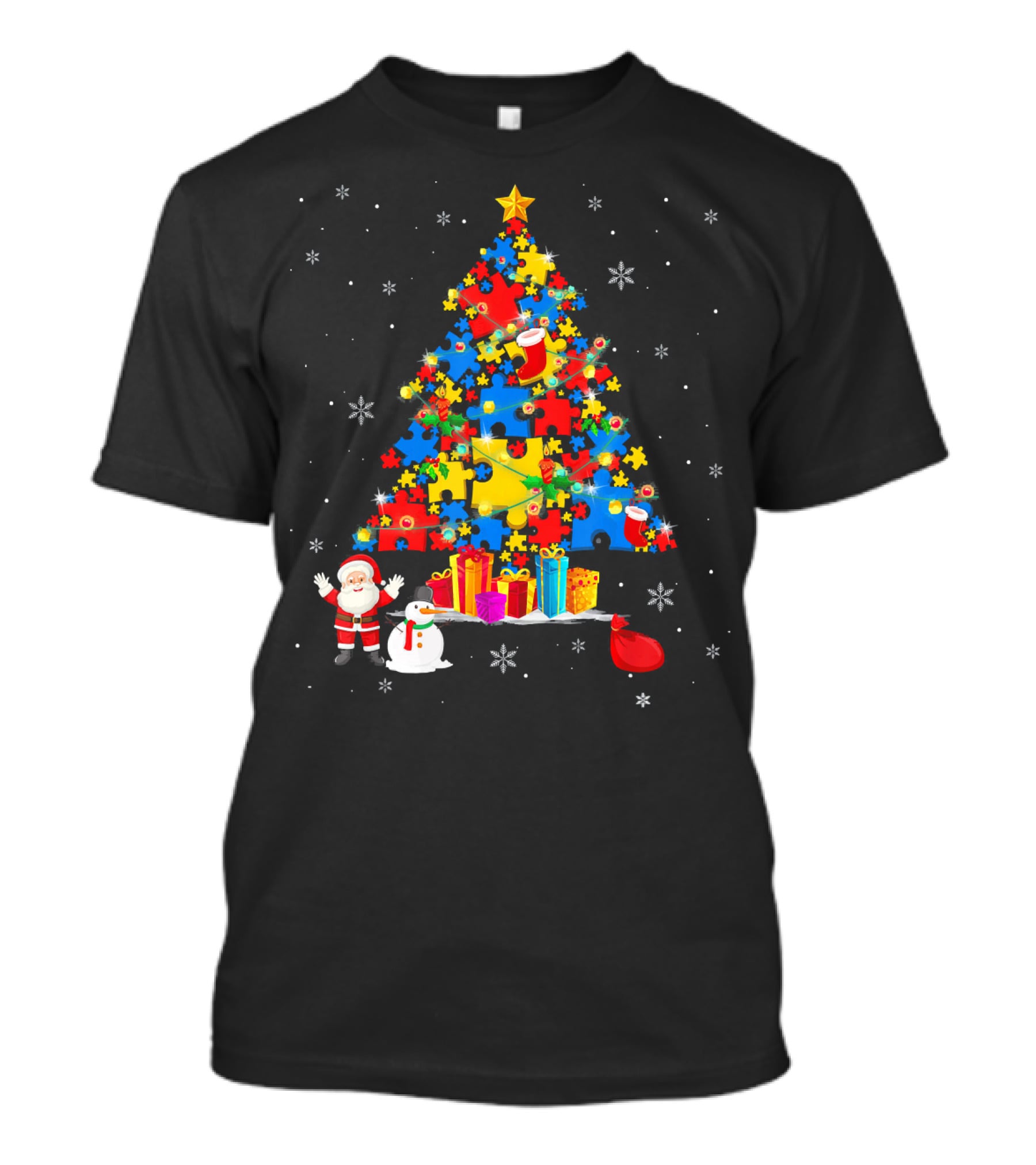 Christmas Trees Autism Awareness Santa Puzzle Snowflakes T-Shirt