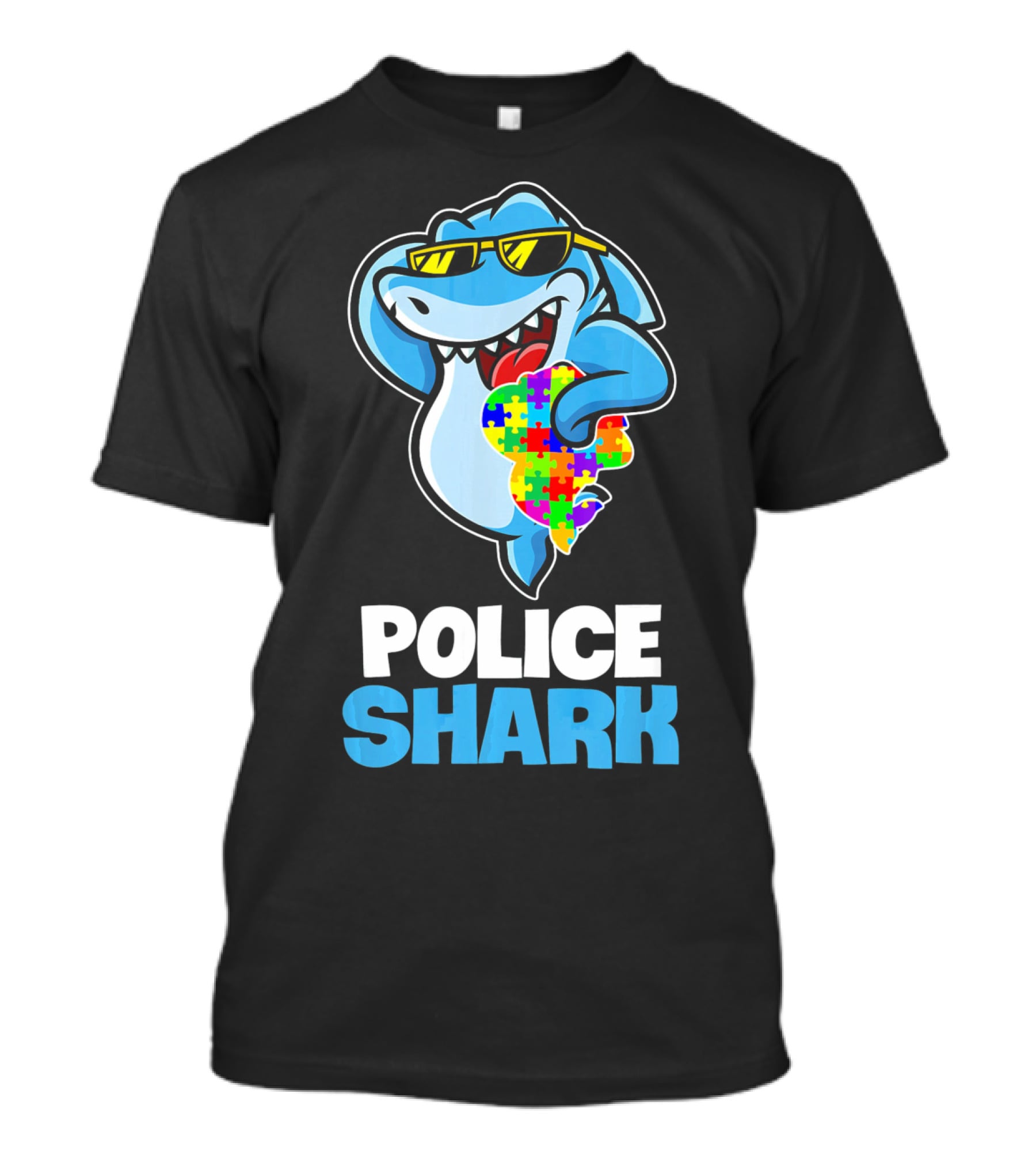 Police Shark Holding Autism Awareness Puzzle Heart T-Shirt
