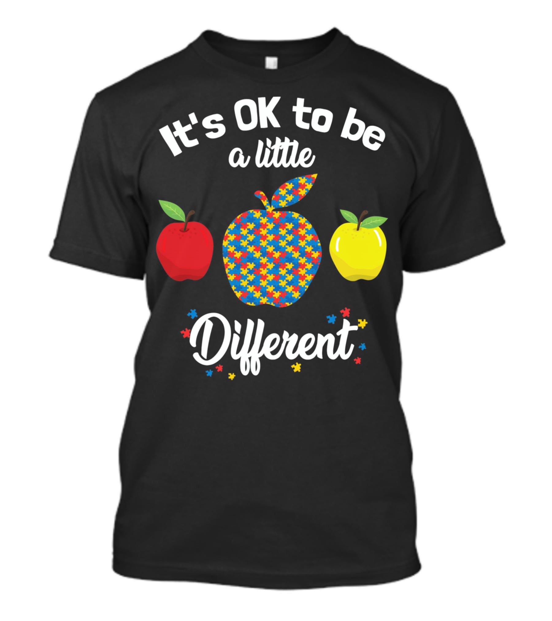 It's OK To Be A Little Different Apple Teacher Aut Puzzle Pattern Red Yellow T-Shirt