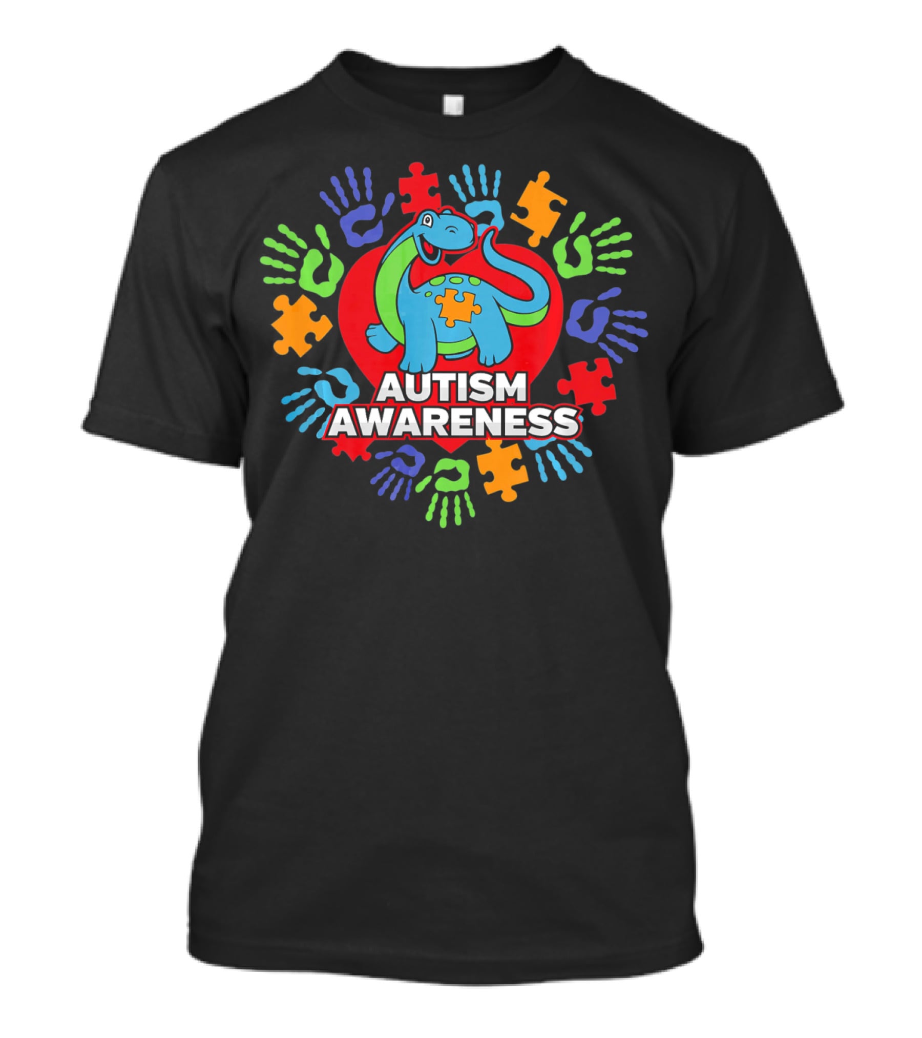 Autism Awareness Blue Dinosaur Heart Puzzle Handprints T-Shirt
