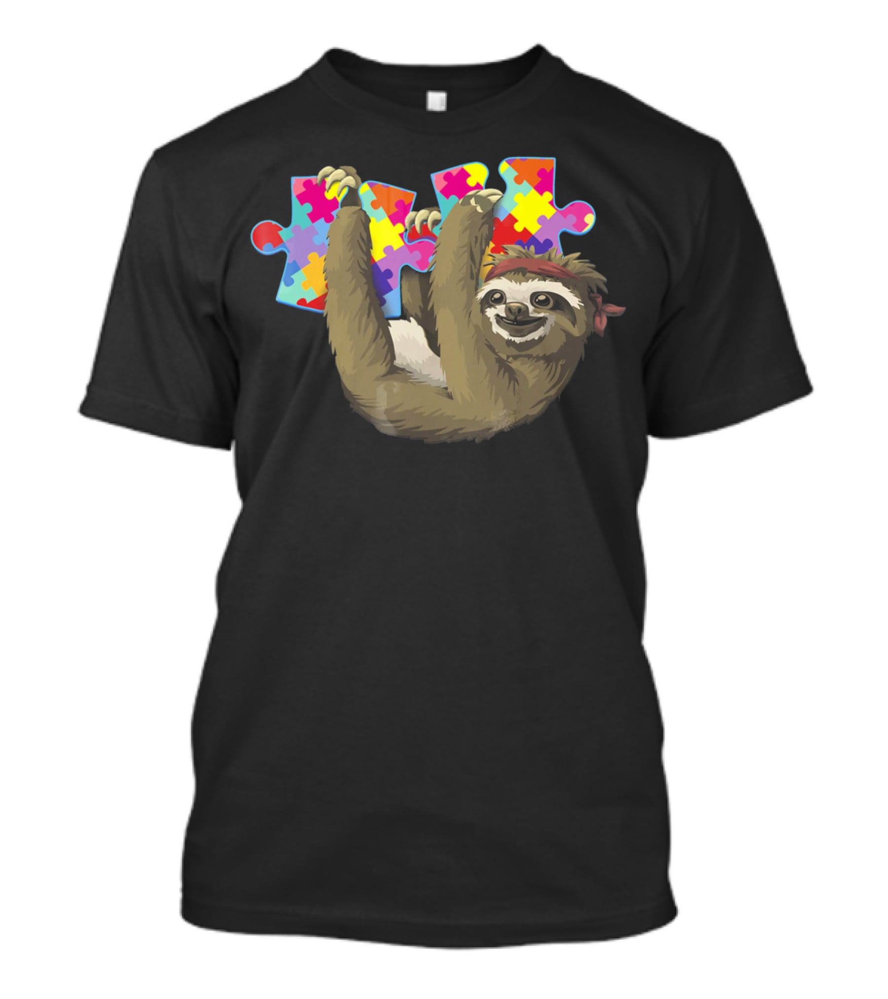 Sassy Sloth Holding Colorful Autism Awareness Puzzle Pieces T-Shirt