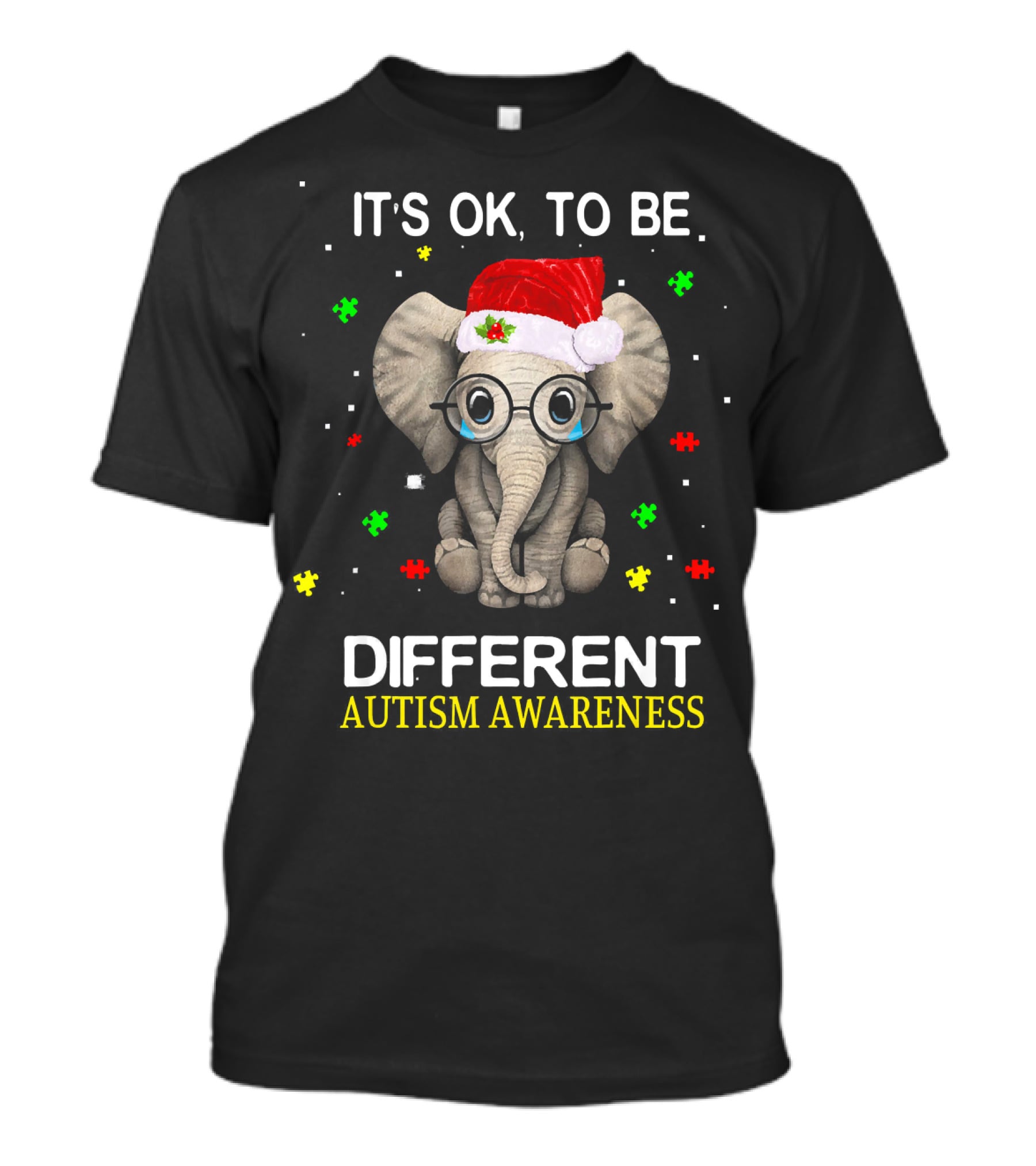 ITS OK TO BE DIFFERENT ELEPHANT AUTISM AWARENESS SANTA HAT PUZZLE PIECES T-Shirt