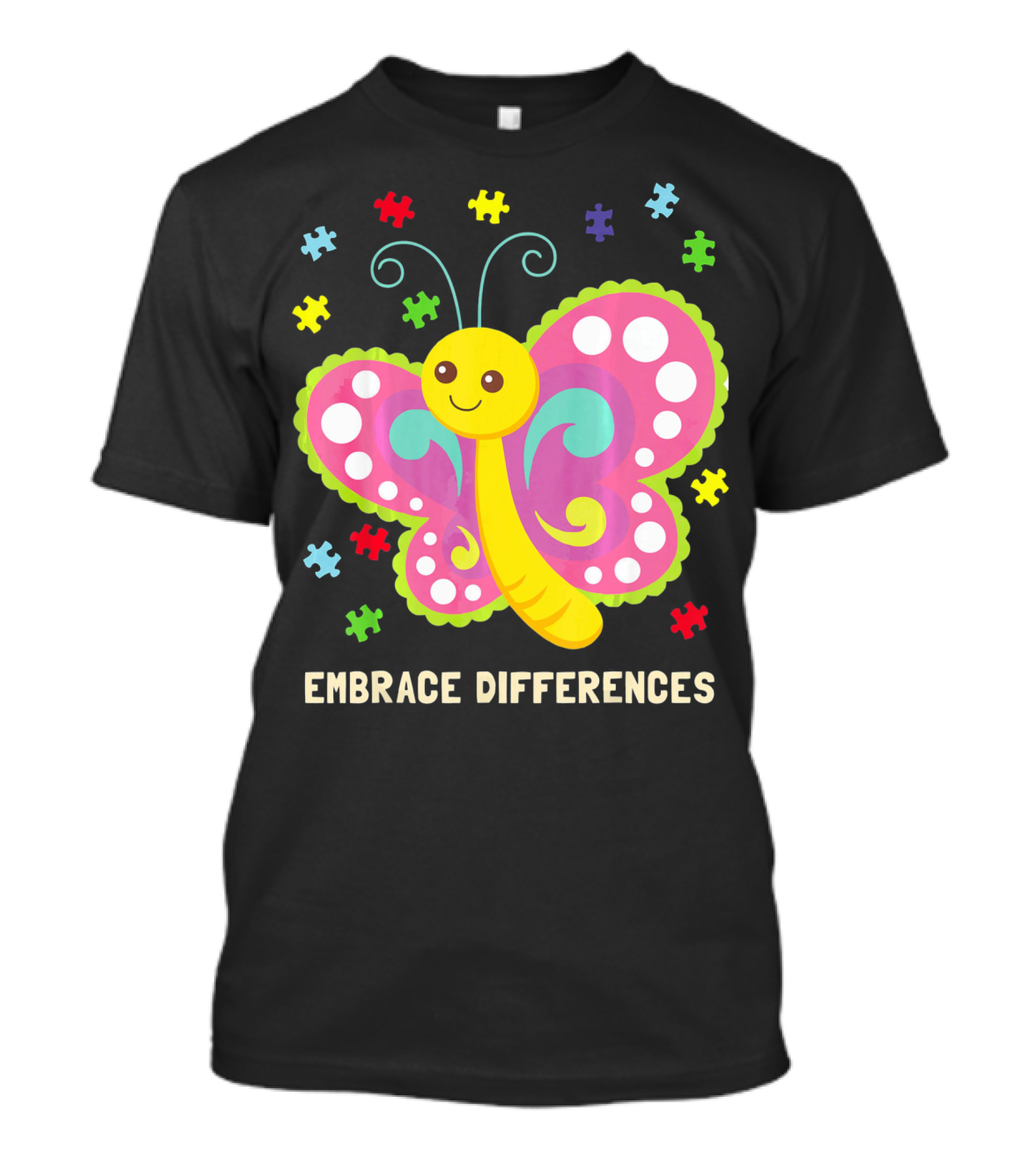 Embrace Differences Autism Awareness Boy Girl Butterfly Puzzle Pieces T-Shirt