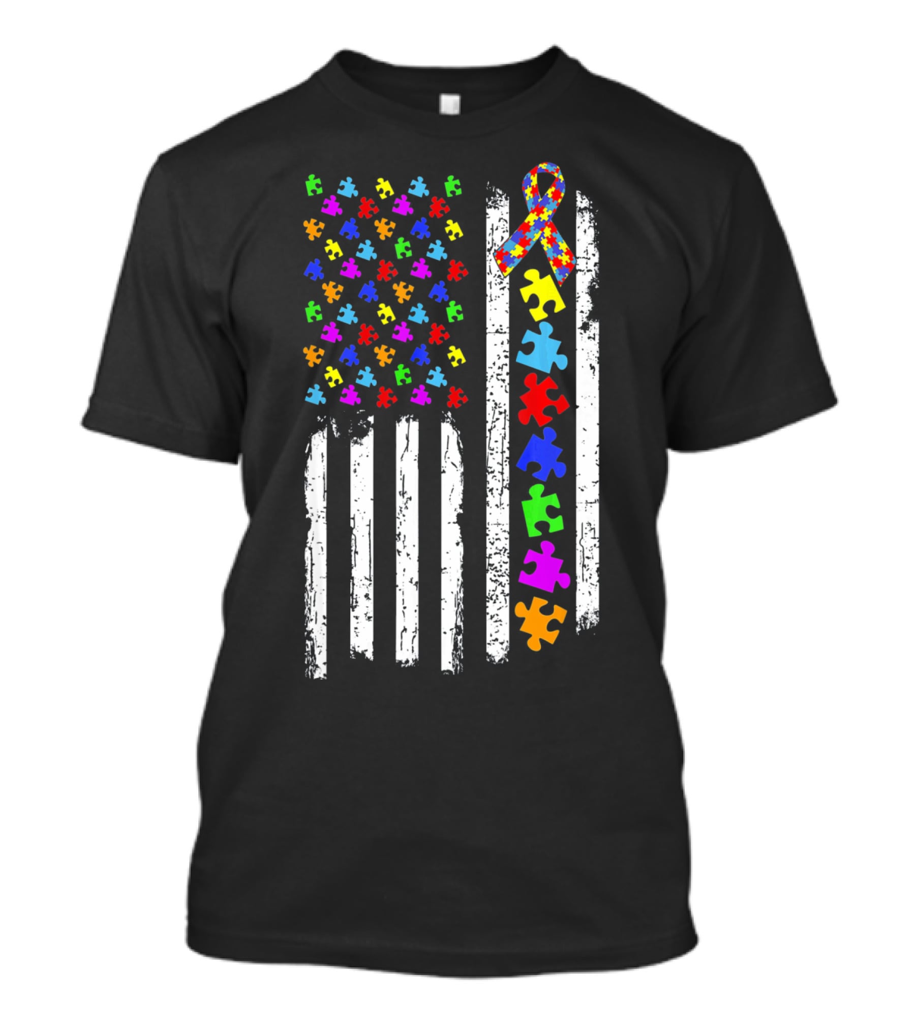 Autism Awareness Puzzle Pieces American Flag T-Shirt