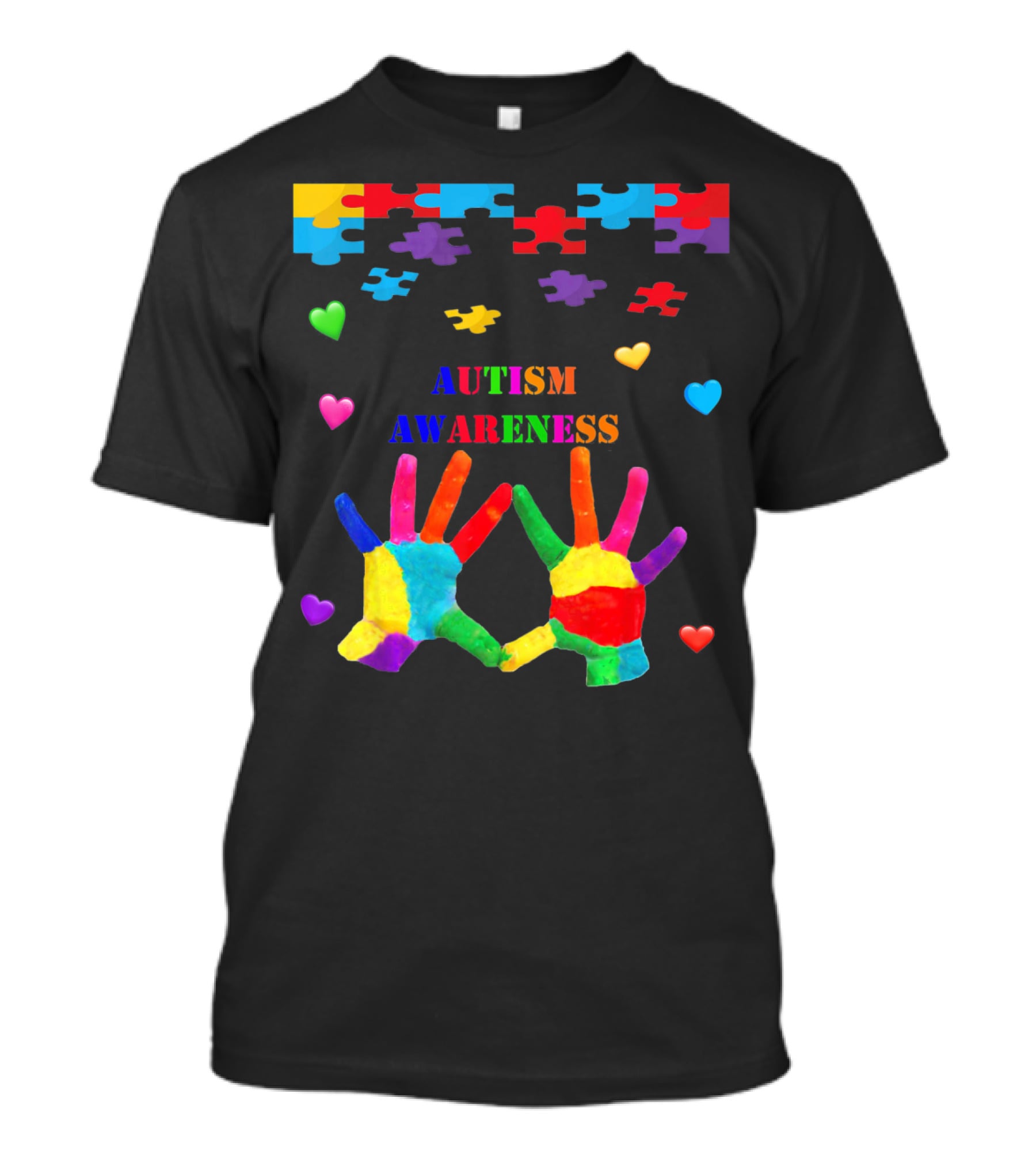 Autism Awareness Colorful Hands With Puzzle Pieces And Hearts T-Shirt
