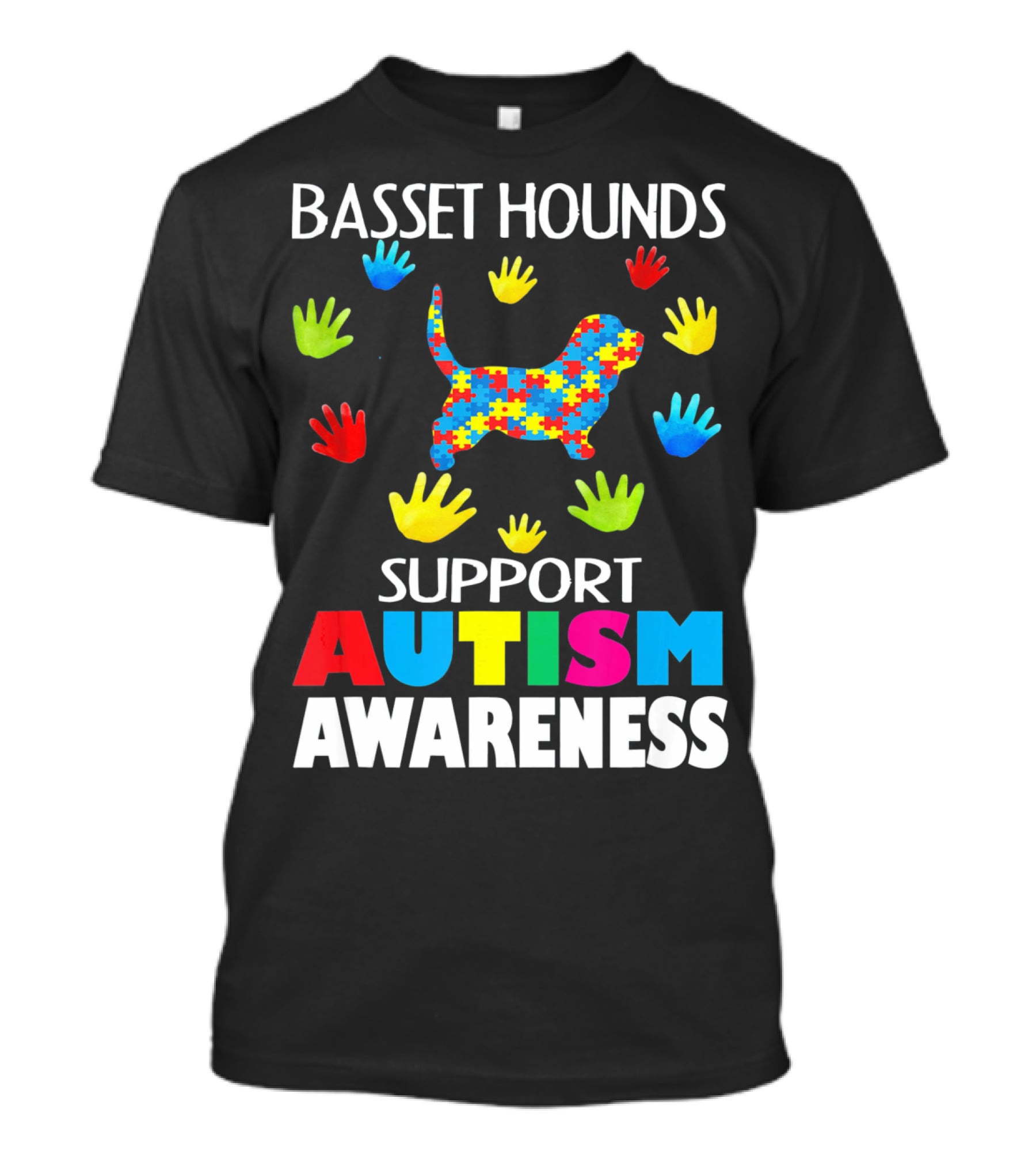 Basset Hounds Support Autism Awareness Puzzle Pattern Hands T-Shirt