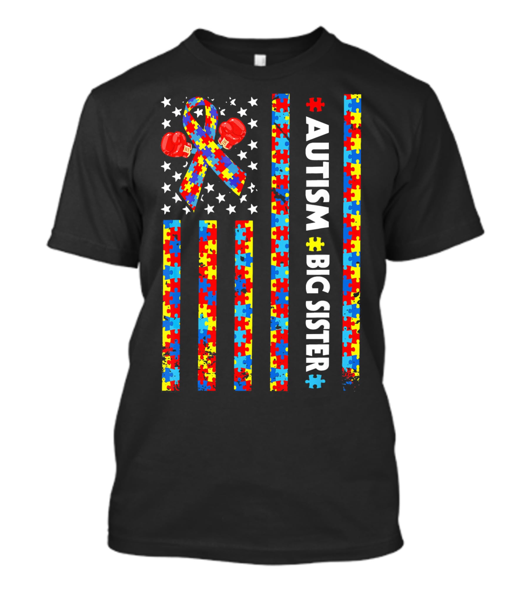 Autism Awareness American Flag Big Sister Puzzle Ribbon Boxing Gloves T-Shirt