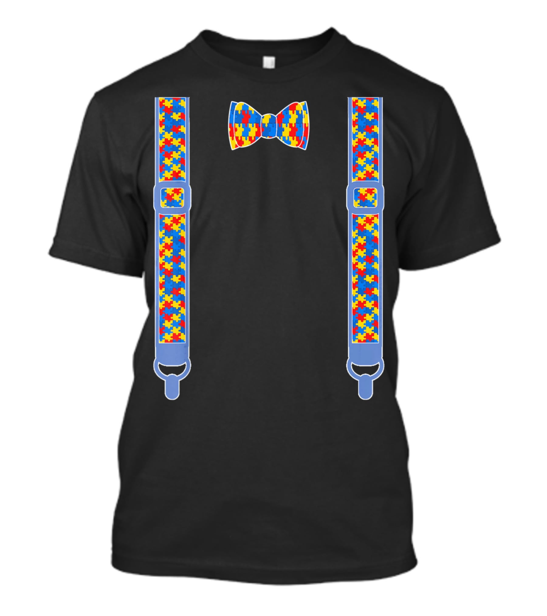 Autism Awareness Puzzle Pattern Bow Tie And Suspenders T-Shirt