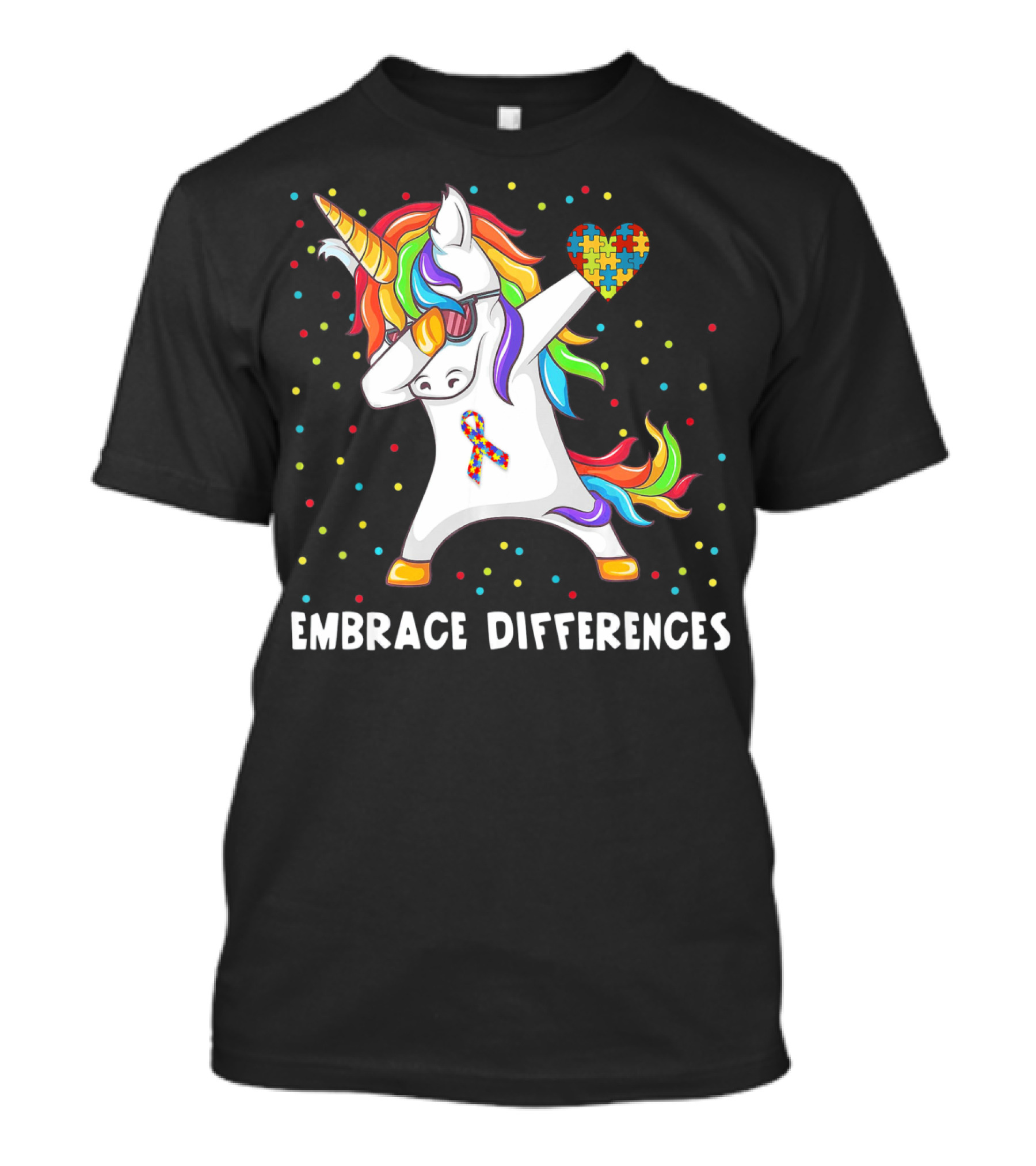 Embrace Differences Rainbow Dabbing Unicorn Puzzle Heart Autism Awareness T-Shirt