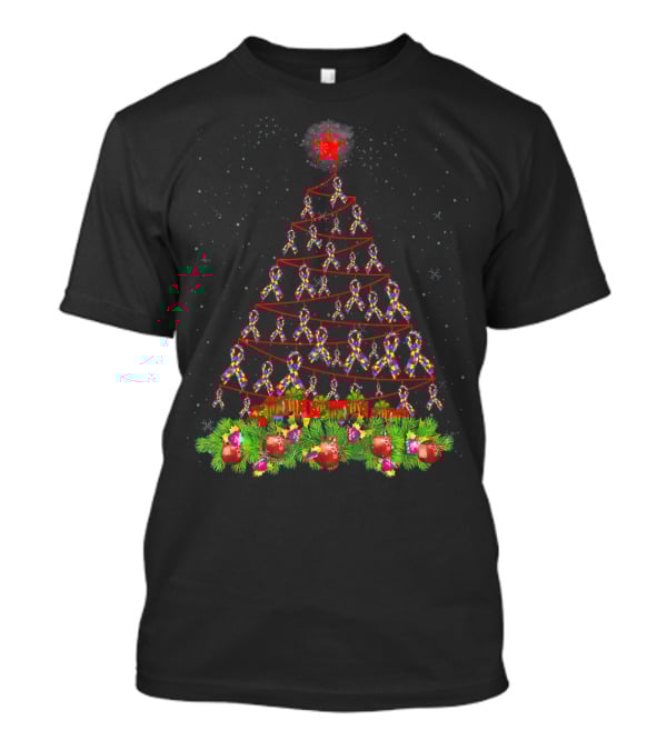Autism Awareness Ribbon Christmas Tree With Red Star And Ornaments T-Shirt