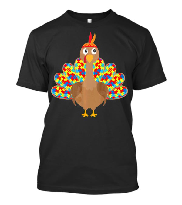 Cute Turkey With Autism Awareness Puzzle Pattern Tail T-Shirt