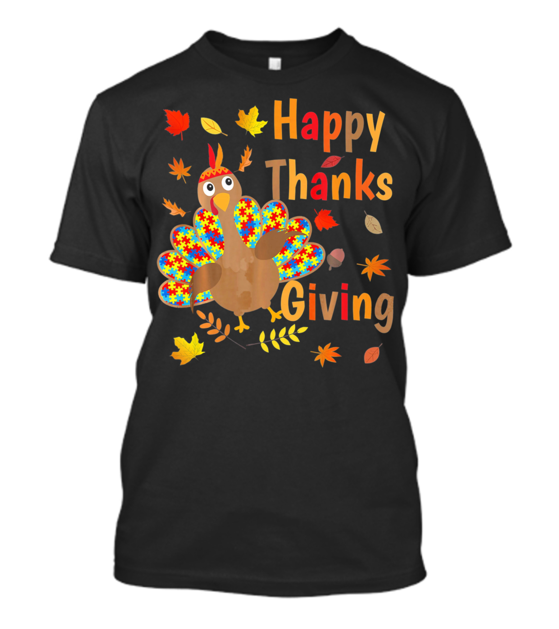 Happy Thanksgiving Turkey Autism Awareness Puzzle Piece Leaves T-Shirt