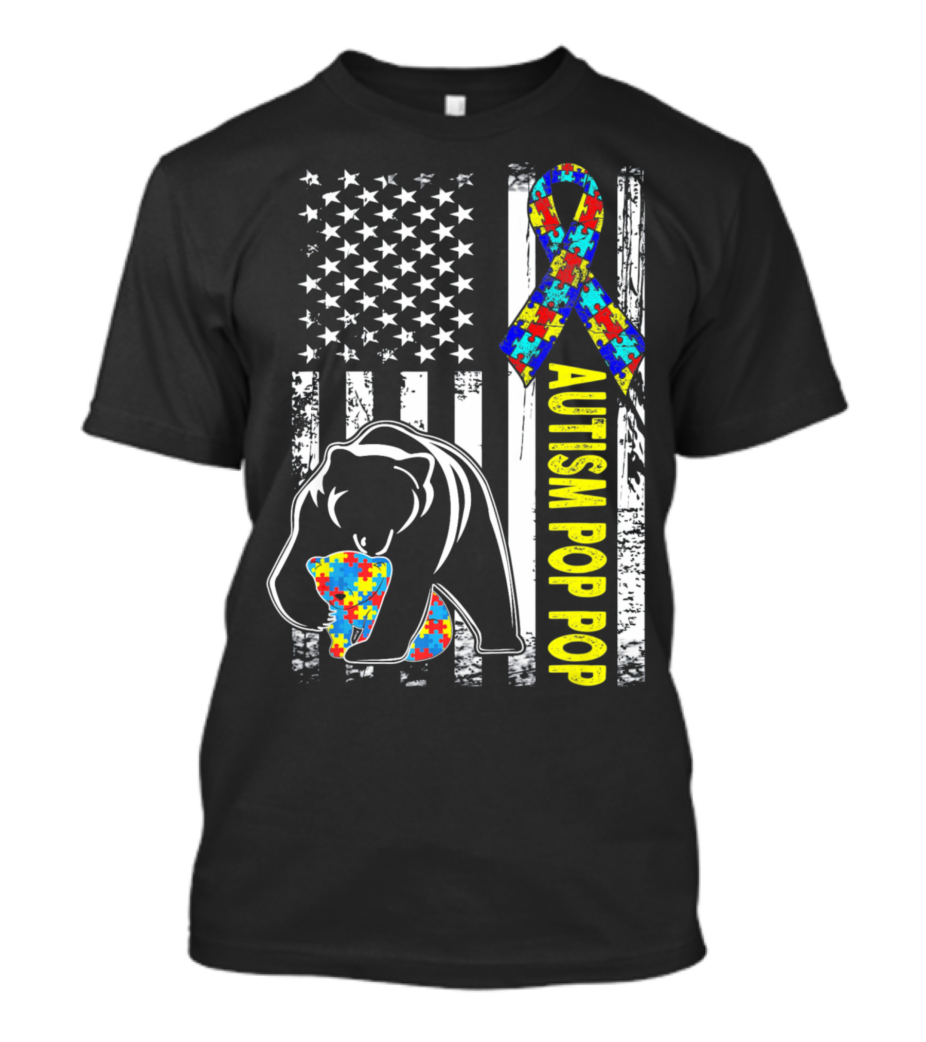 Autism Pop Pop American Flag Bear Puzzle T-Shirt