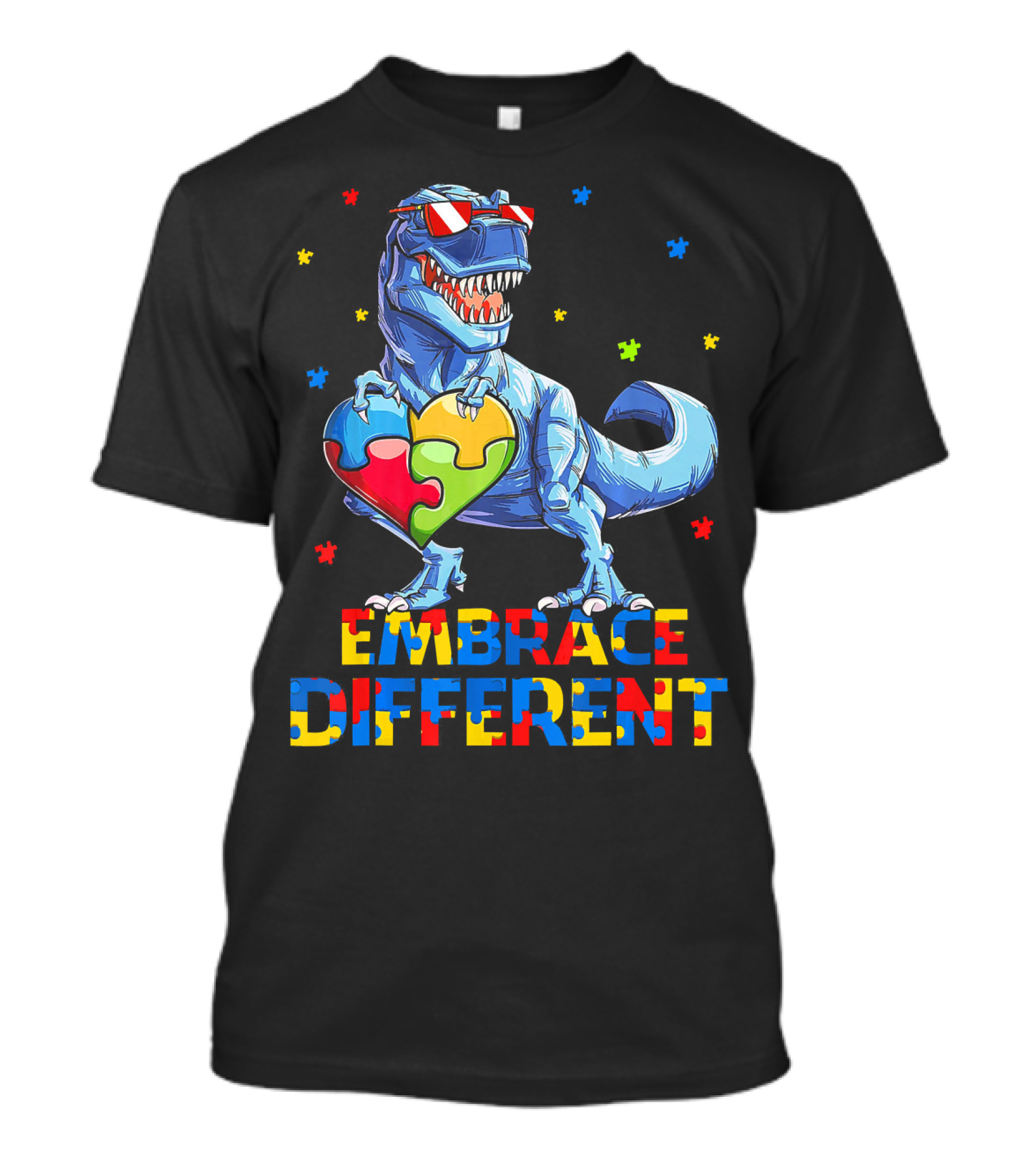 T Rex Embrace Different Autism Awareness Puzzle Heart T-Shirt
