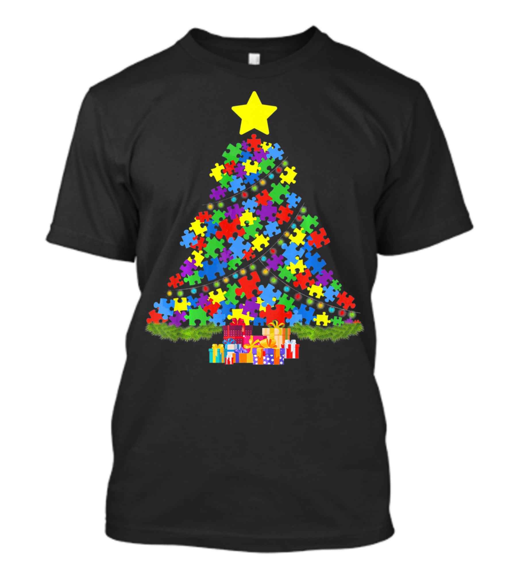 Autism Puzzle Piece Christmas Tree With Gifts And Star T-Shirt