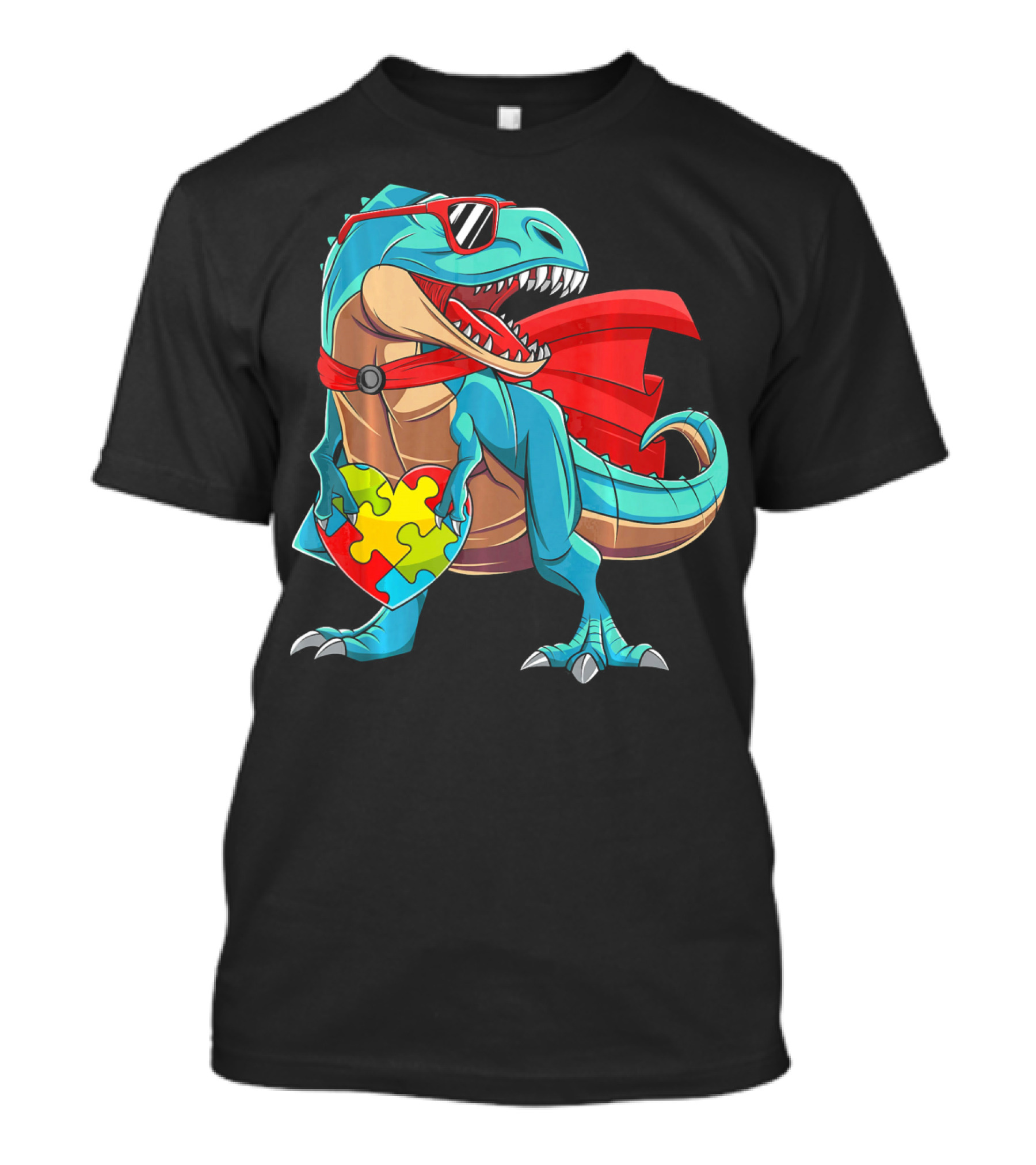 Autism Awareness Dinosaur Puzzle With Superhero Cape And Sunglasses T-Shirt