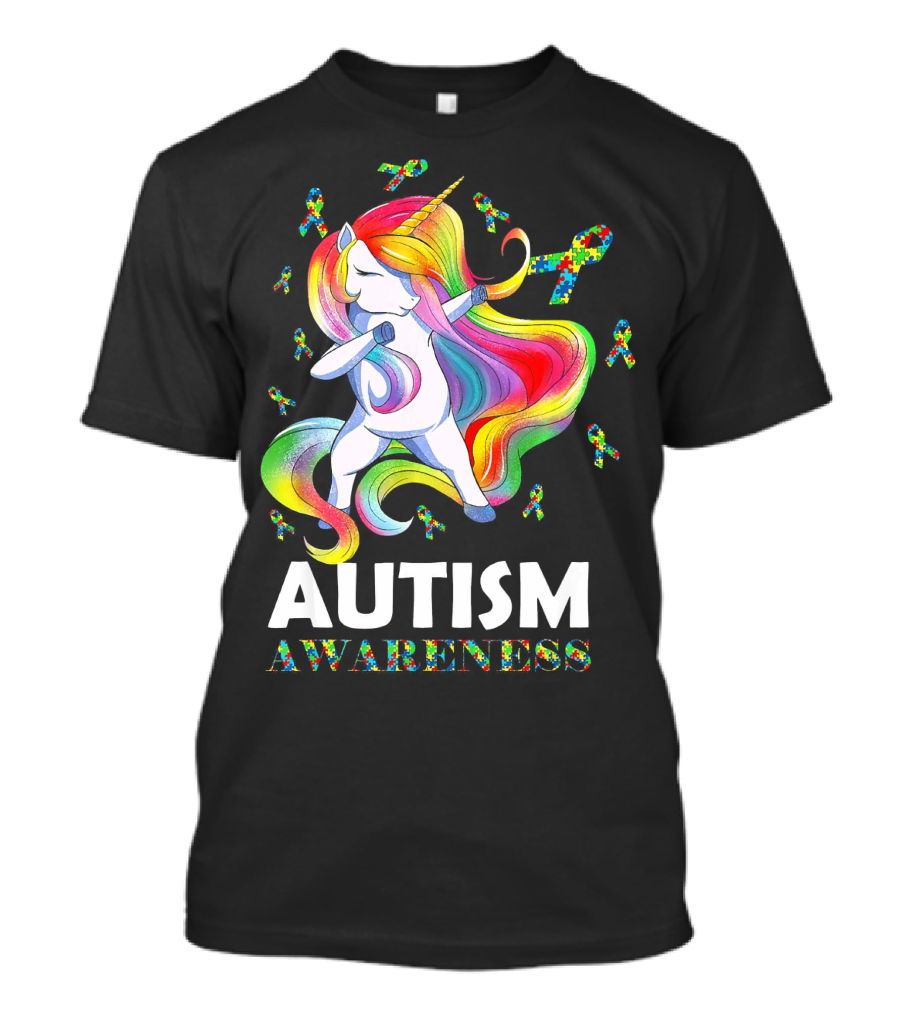 Autism Awareness Dabbing Unicorn With Colorful Puzzle Ribbons T-Shirt
