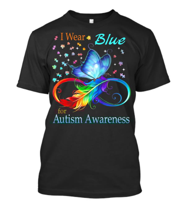 I Wear Blue For Autism Awareness Butterfly Ribbon Puzzle Pieces T-Shirt