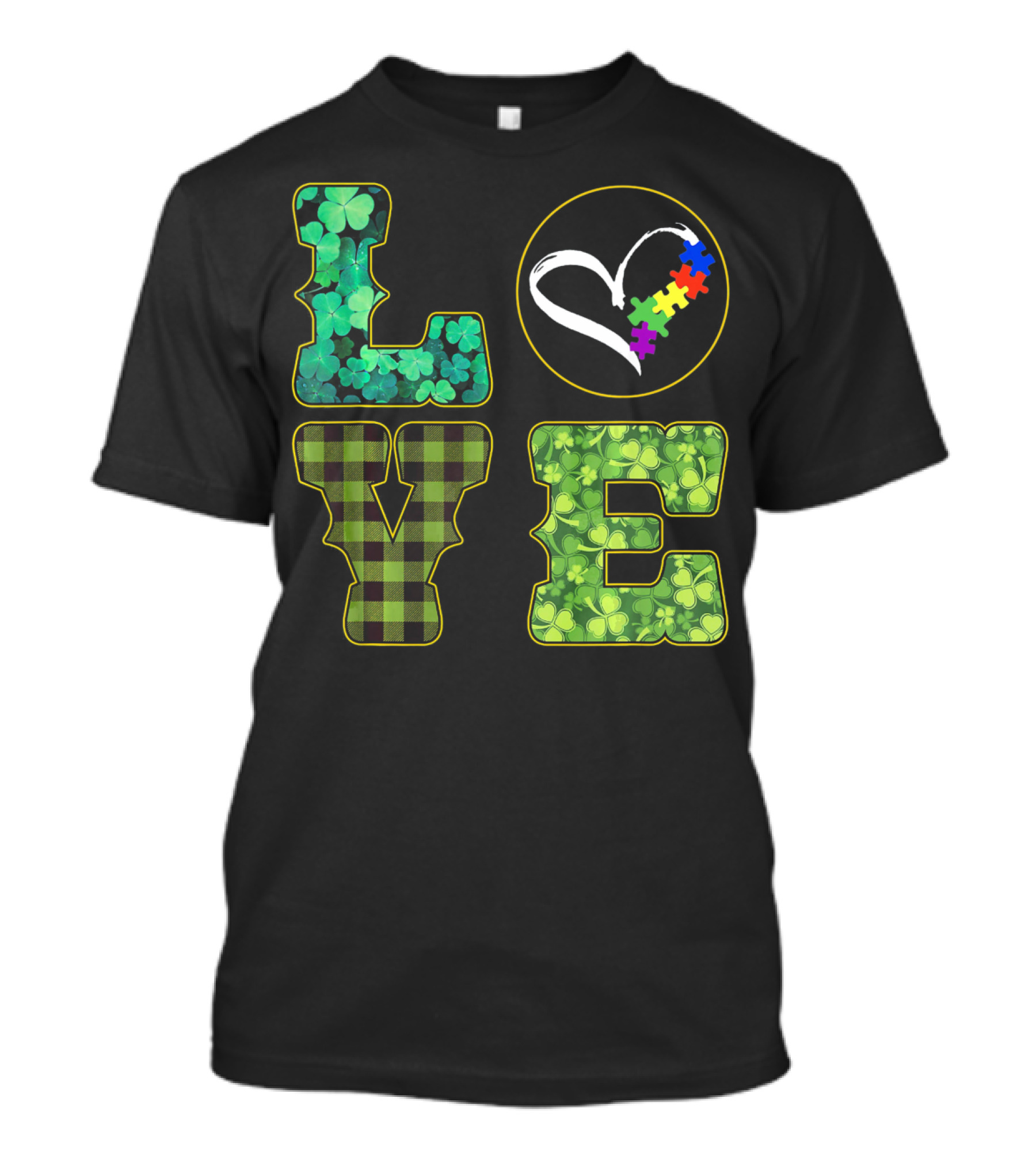 LOVE Shamrocks Plaid Heart Puzzle Autism Awareness St. Patrick's Day T-Shirt