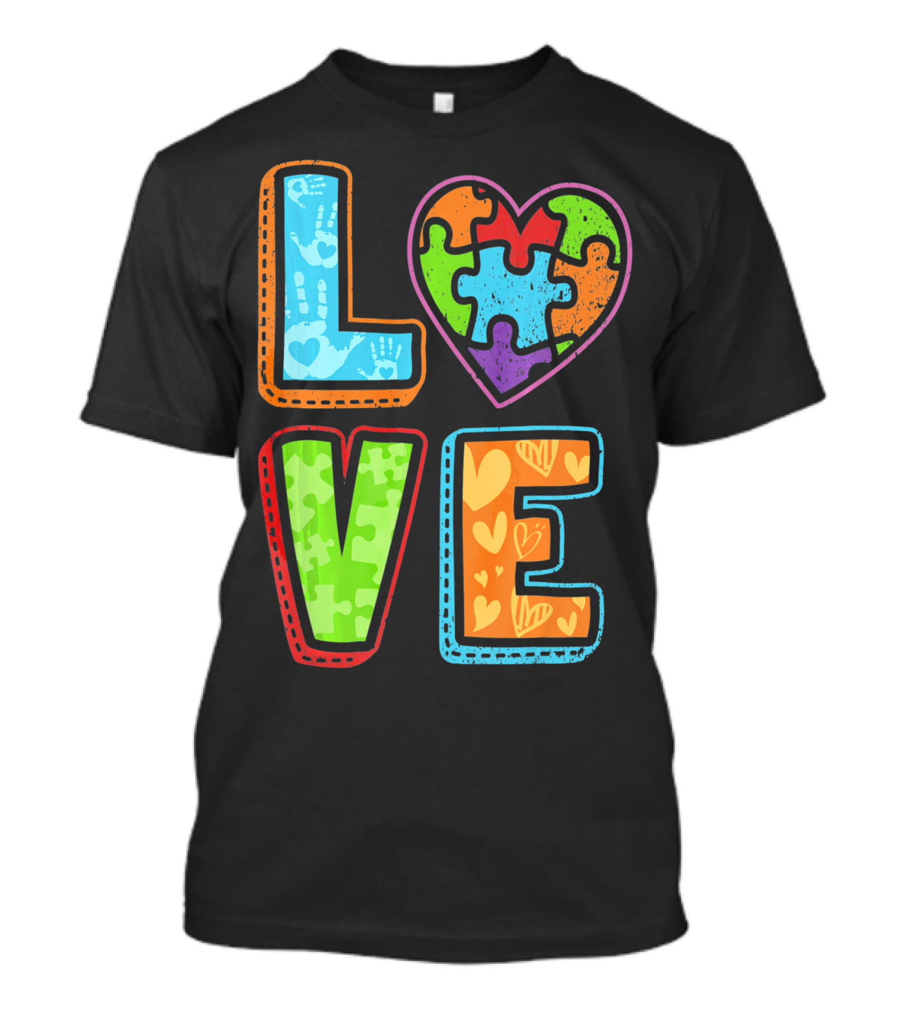 LOVE Heart Autism Awareness Puzzle Handprints T-Shirt
