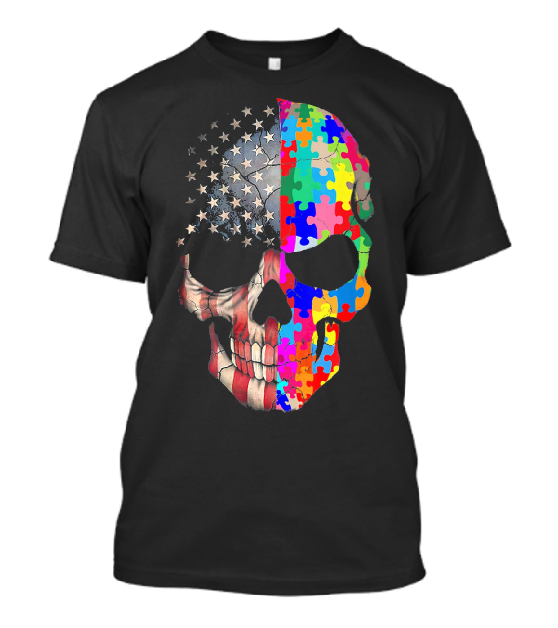 American Flag Autism Awareness Skull Puzzle Pieces Sku T-Shirt
