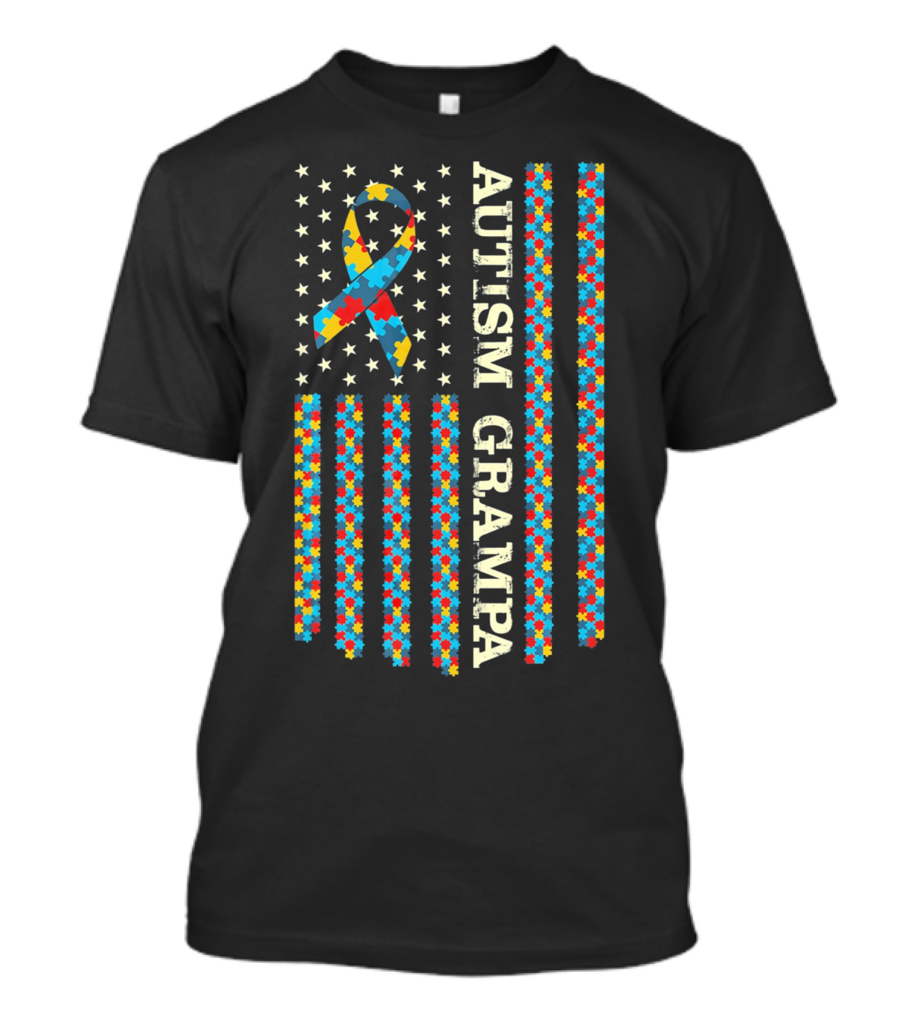 Autism Awareness Proud Autism Grampa American Flag Puzzle T-Shirt